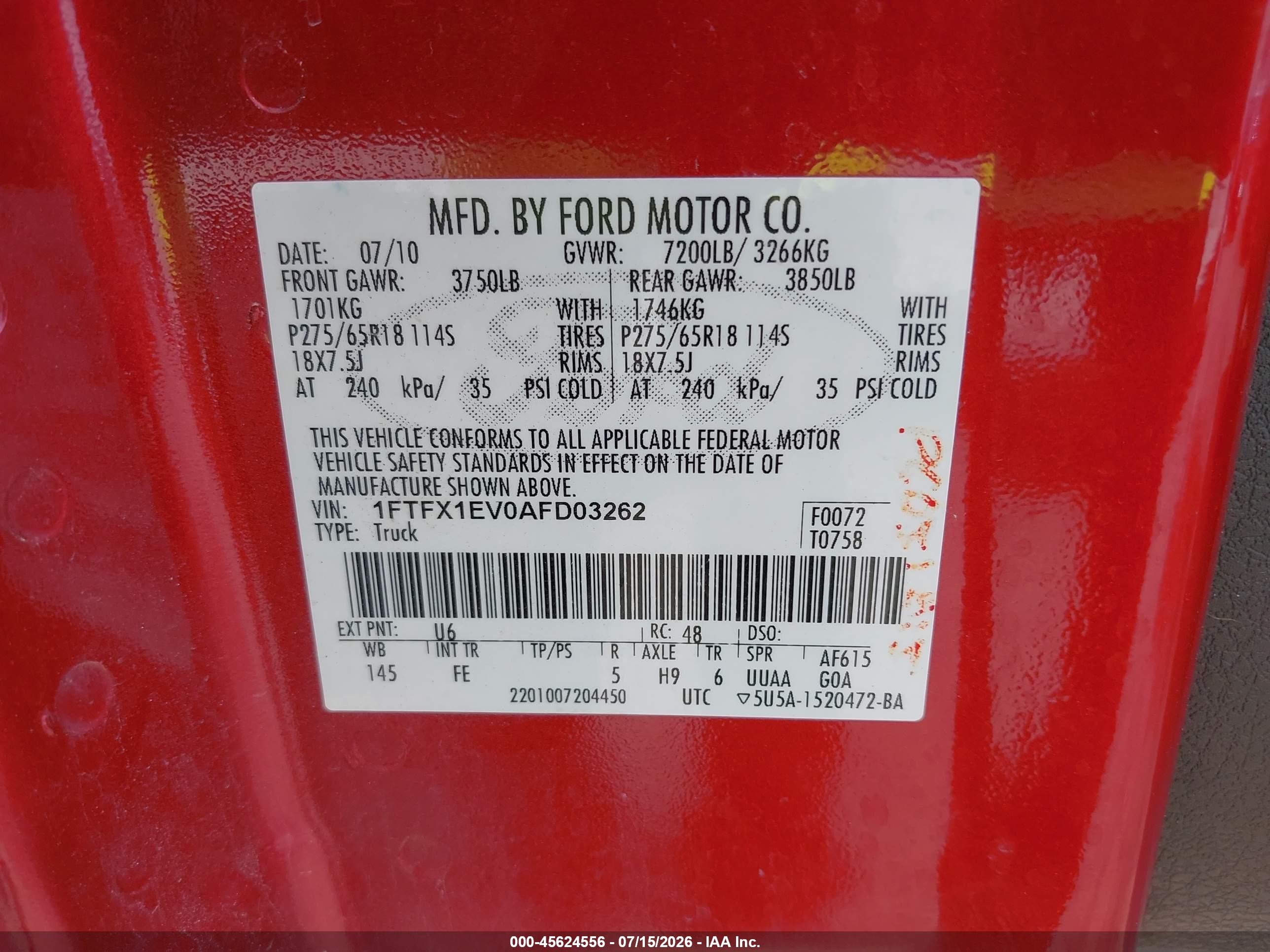 2010 Ford F-150 Fx4/lariat/xl/xlt Red vin: 1FTFX1EV0AFD03262
