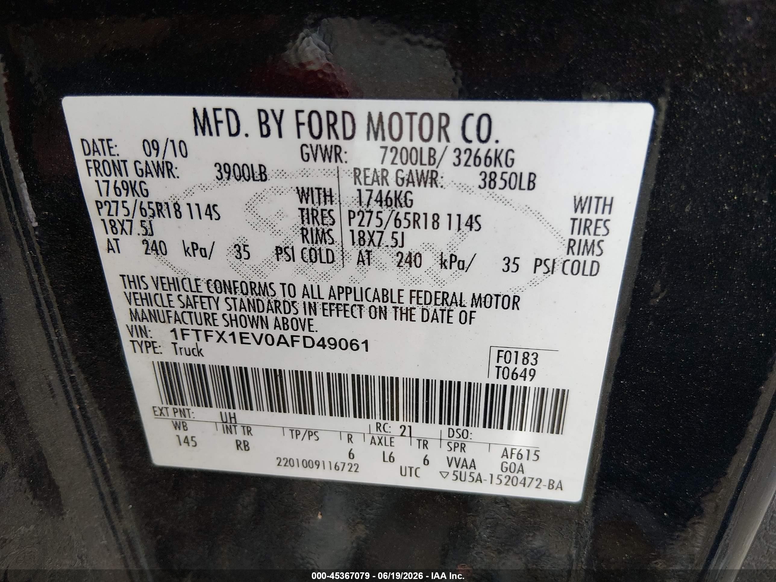 2010 Ford F-150 Fx4/lariat/xl/xlt Black vin: 1FTFX1EV0AFD49061