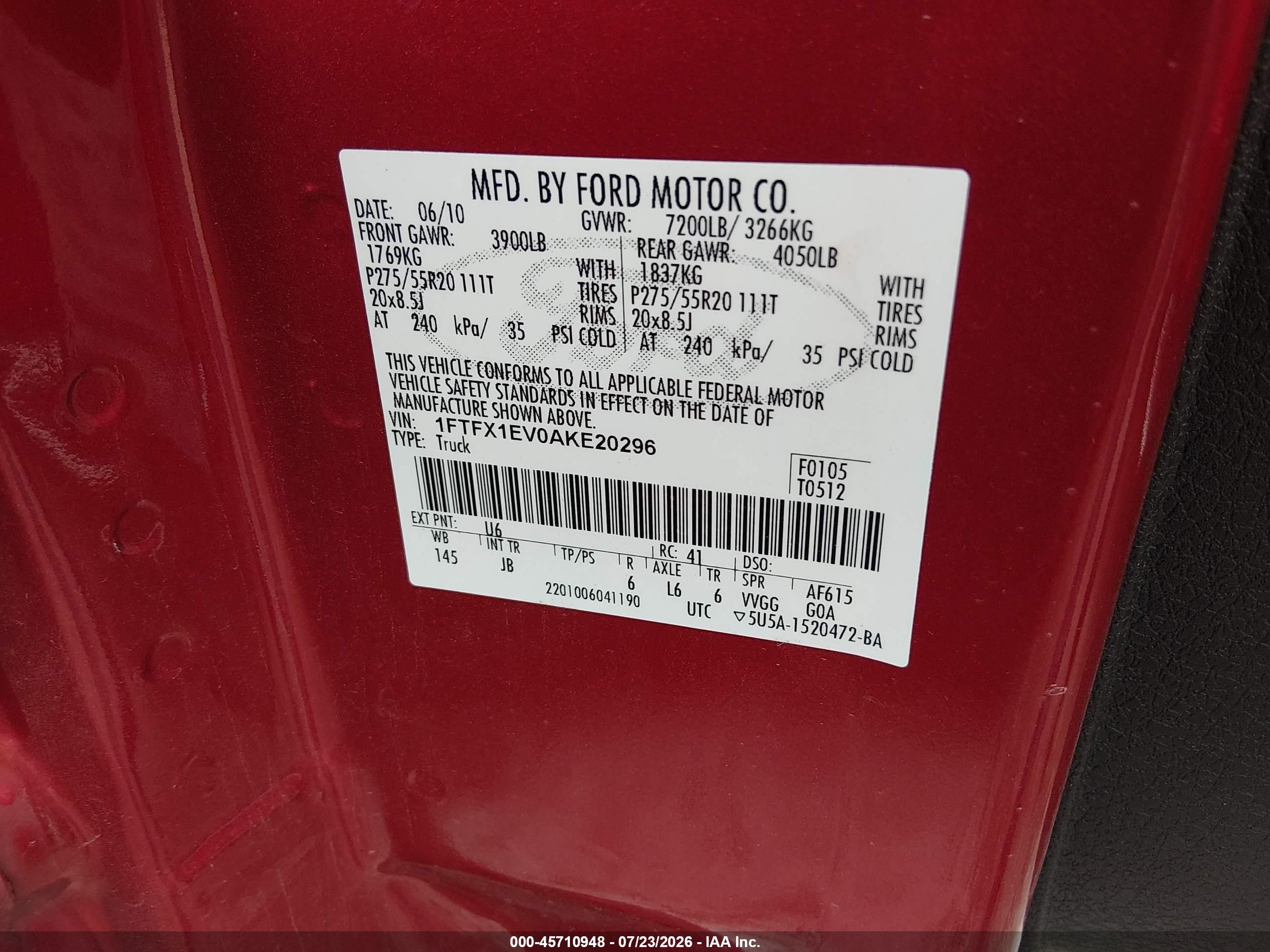 2010 Ford F-150 Fx4 Red vin: 1FTFX1EV0AKE20296