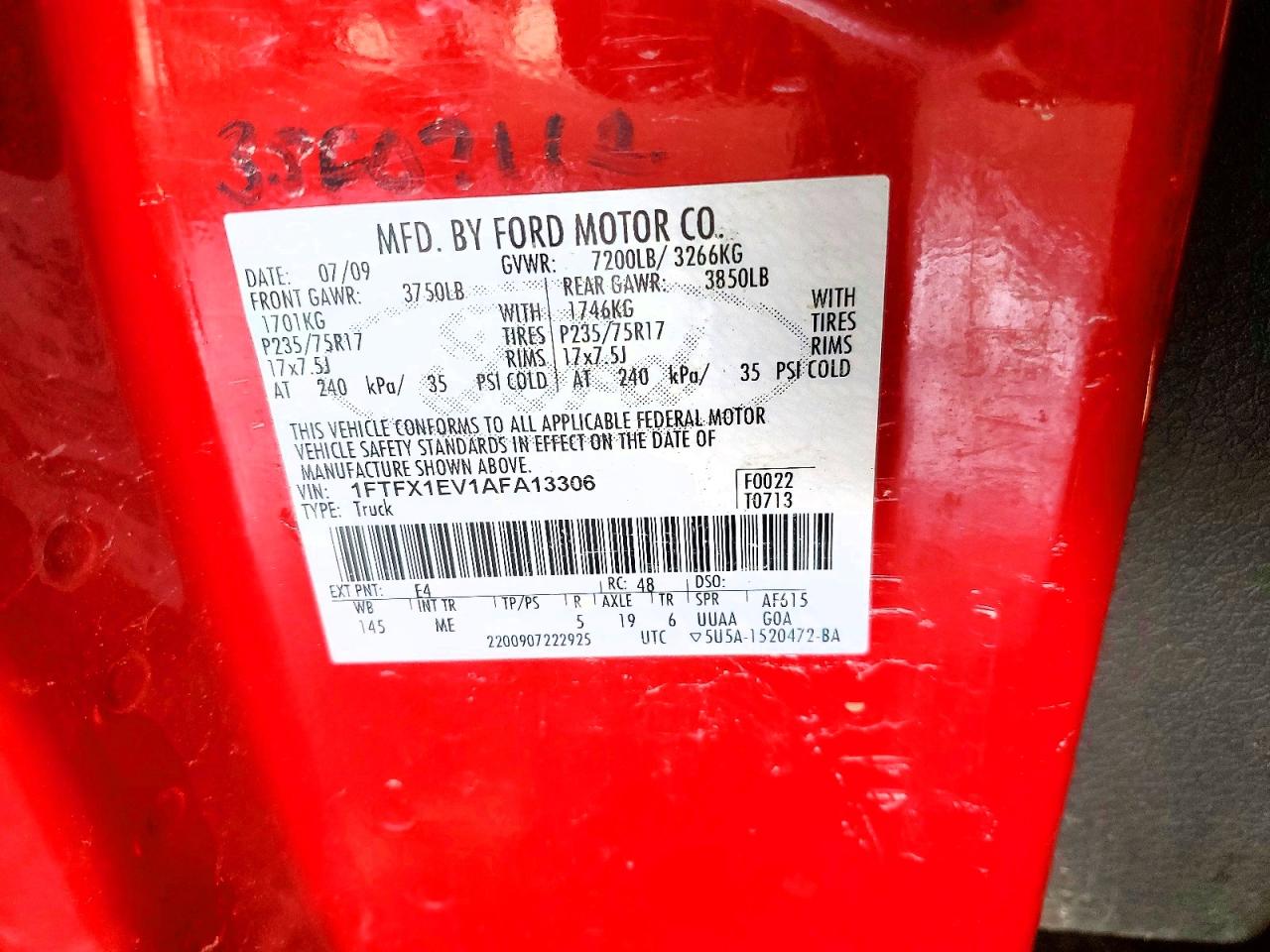2010 Ford F150 Super Cab Red vin: 1FTFX1EV1AFA13306