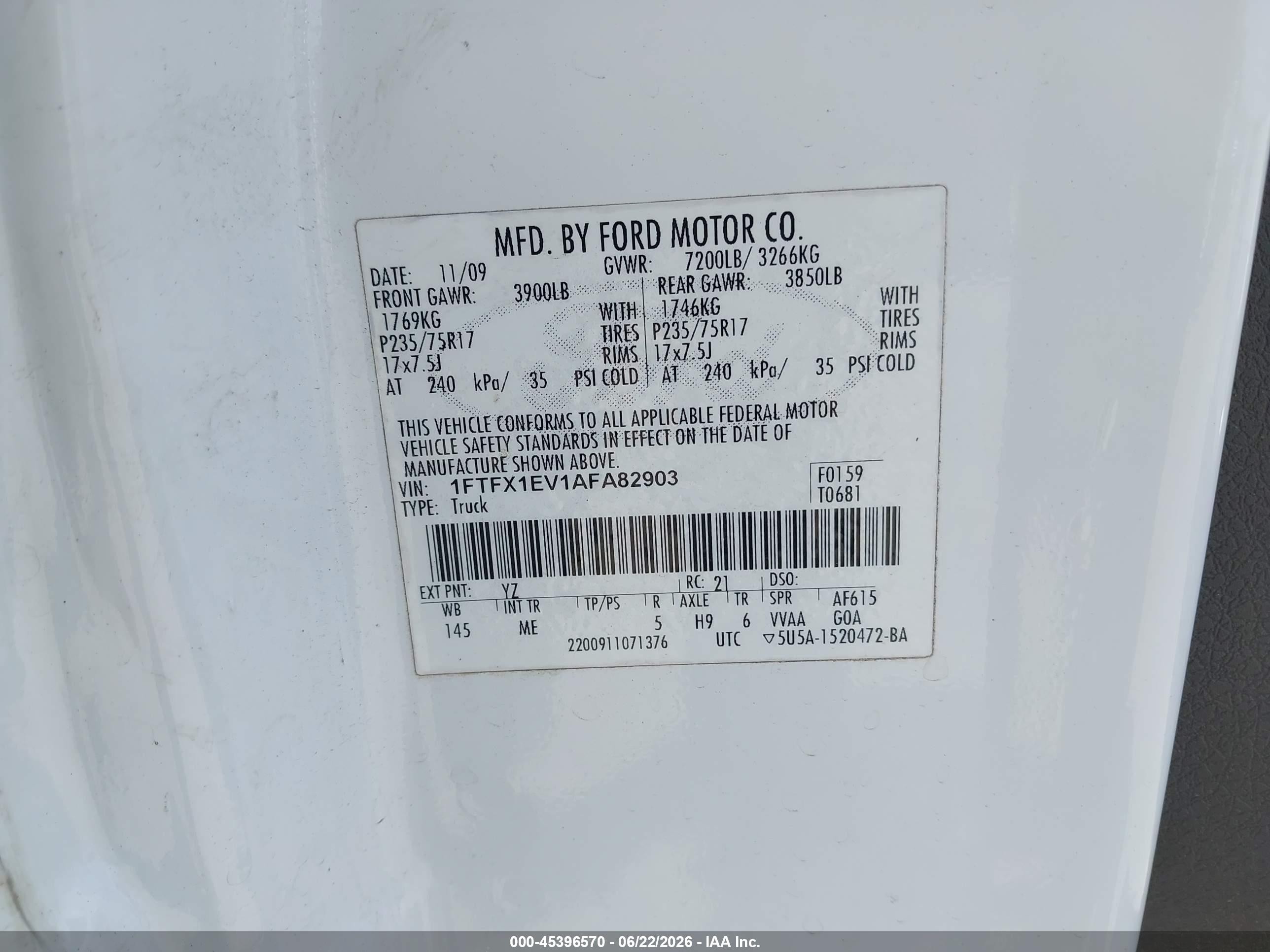 2010 Ford F-150 Fx4/lariat/xl/xlt White vin: 1FTFX1EV1AFA82903