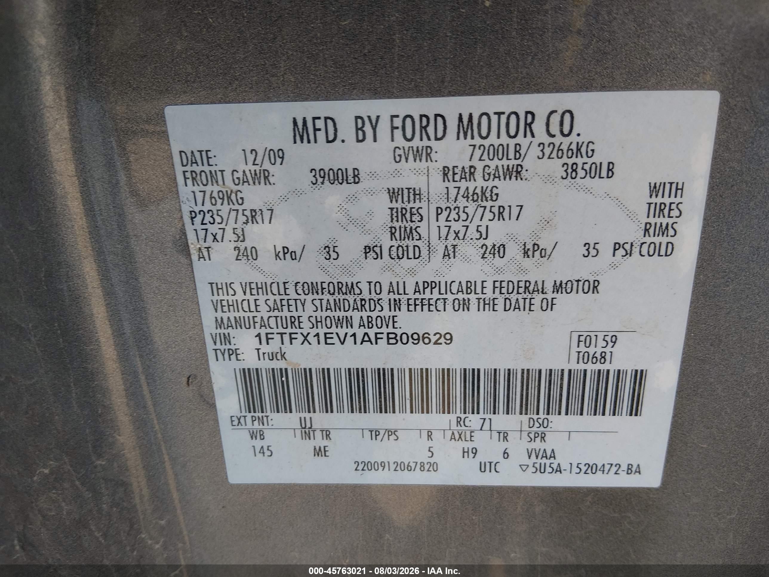 2010 Ford F-150 Fx4/lariat/xl/xlt Gray vin: 1FTFX1EV1AFB09629