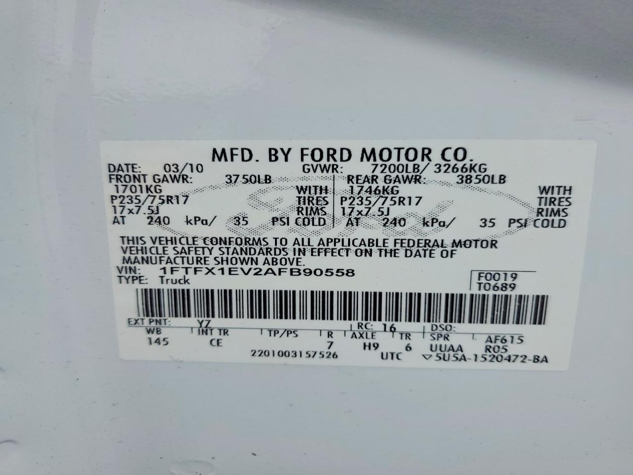 2010 Ford F150 Super Cab Белый vin: 1FTFX1EV2AFB90558
