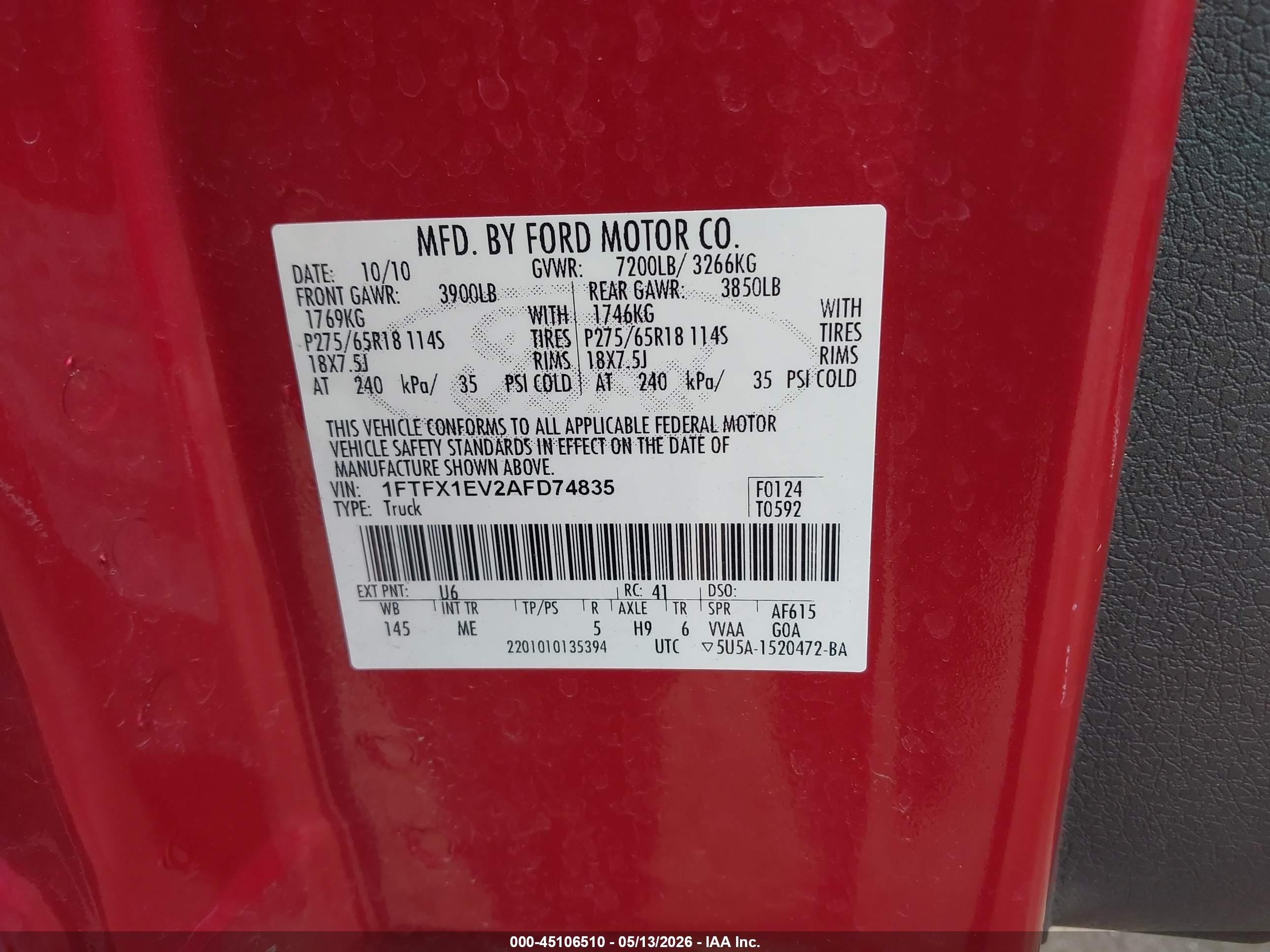 2010 Ford F-150 Fx4/lariat/xl/xlt Red vin: 1FTFX1EV2AFD74835