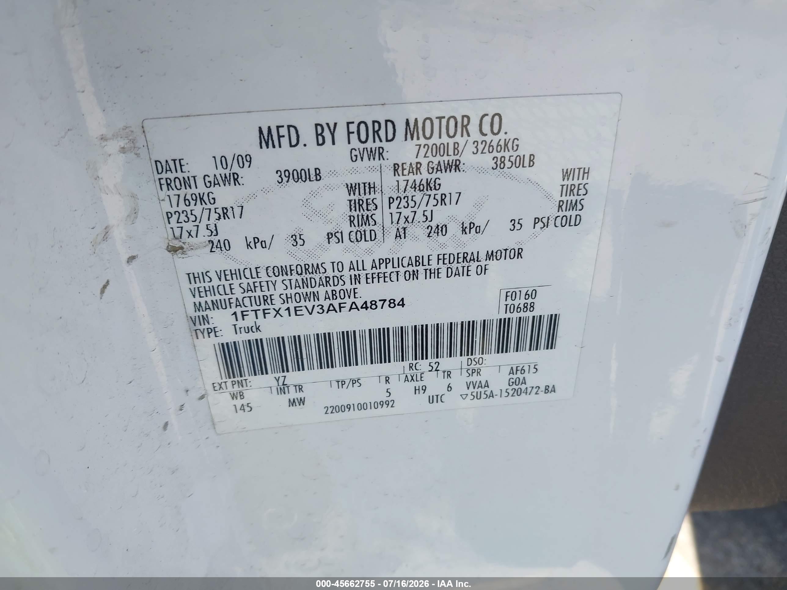 2010 Ford F-150 Fx4/lariat/xl/xlt White vin: 1FTFX1EV3AFA48784