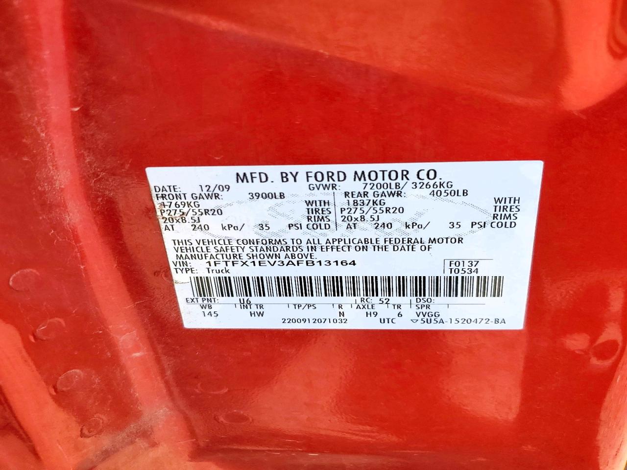 2010 Ford F-150 Red vin: 1FTFX1EV3AFB13164