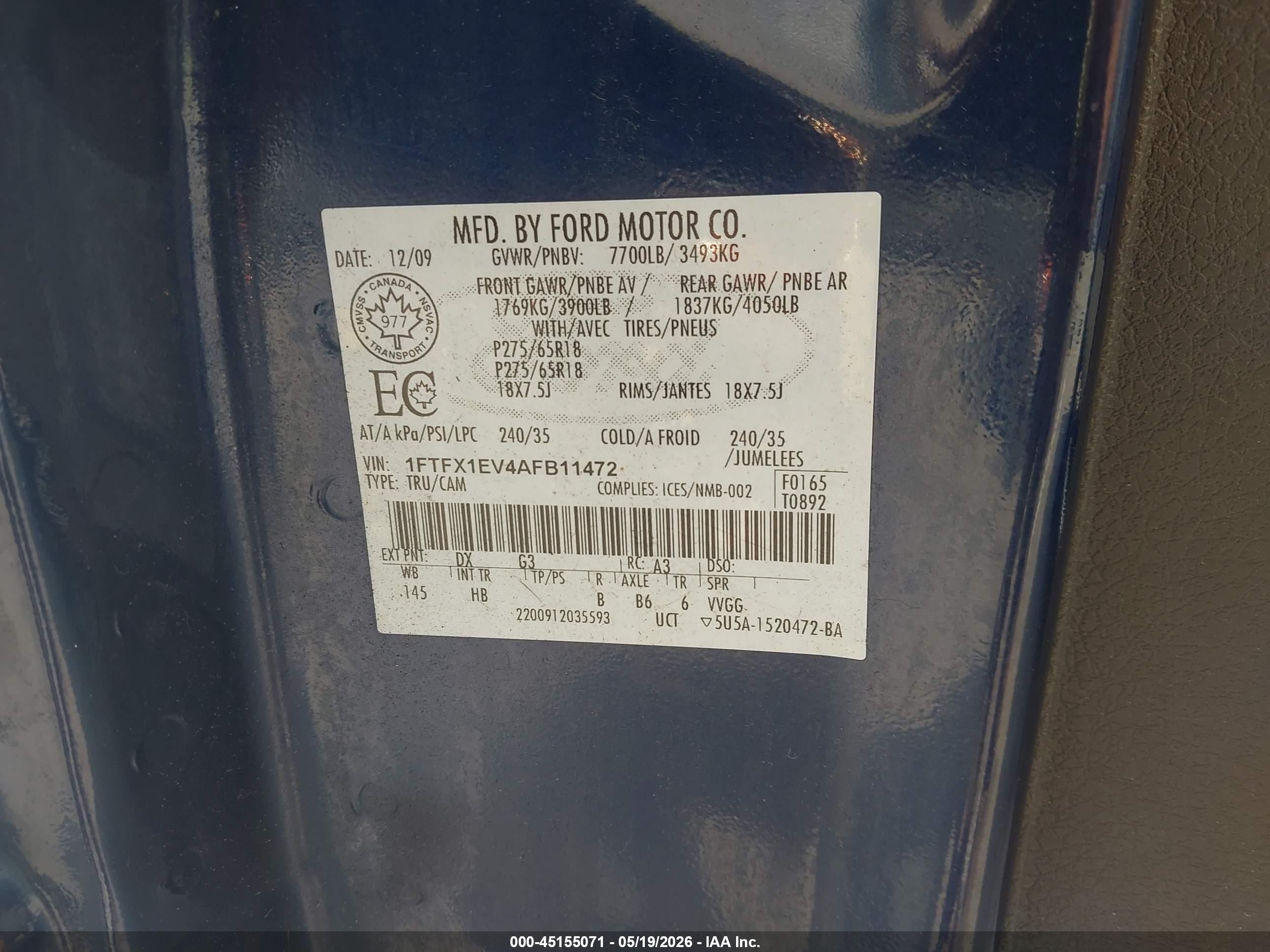 2010 Ford F-150 Fx4/lariat/xl/xlt Blue vin: 1FTFX1EV4AFB11472