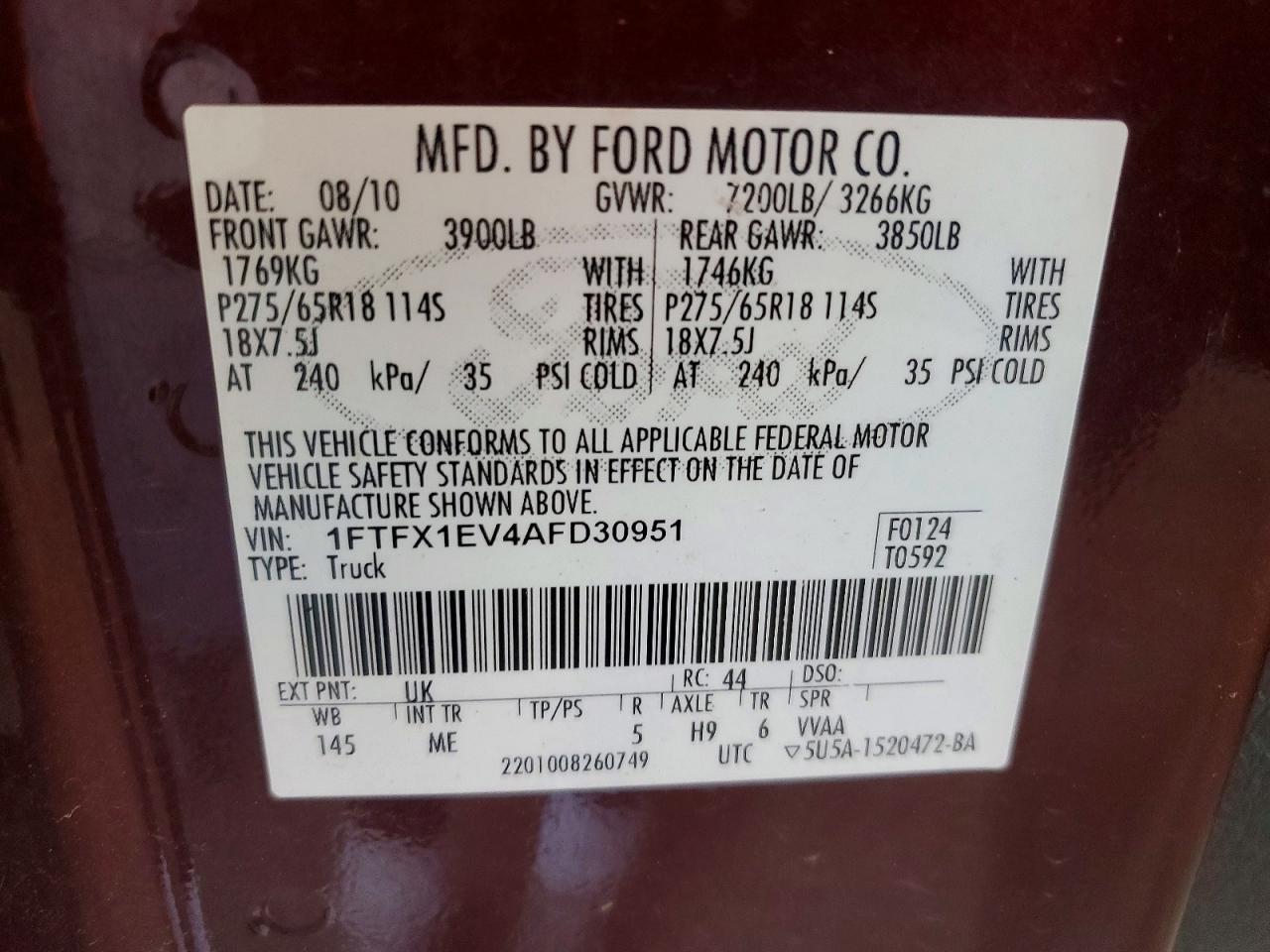 2010 Ford F150 Super Cab Burgundy vin: 1FTFX1EV4AFD30951
