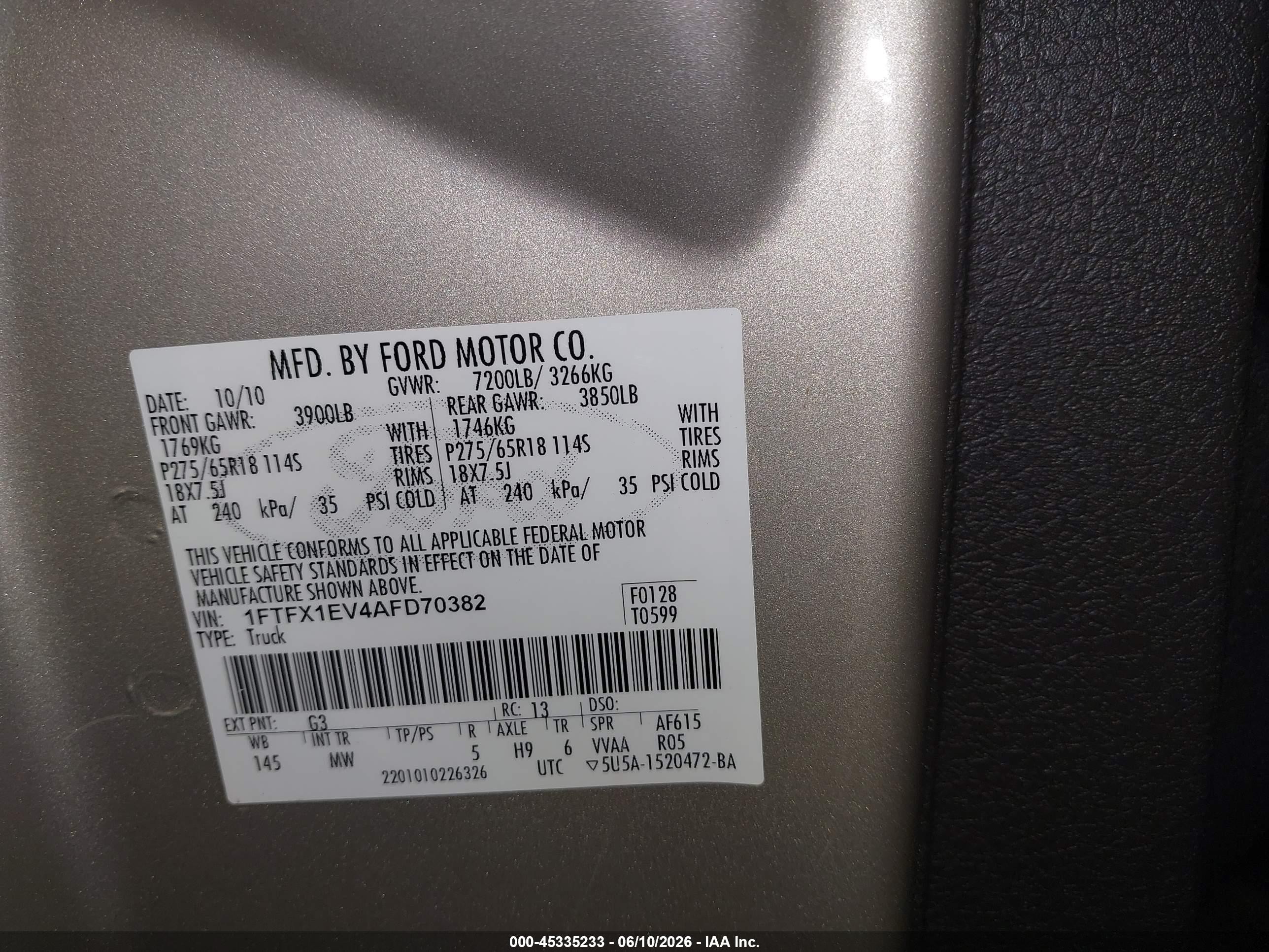 2010 Ford F-150 Fx4/lariat/xl/xlt Cream vin: 1FTFX1EV4AFD70382
