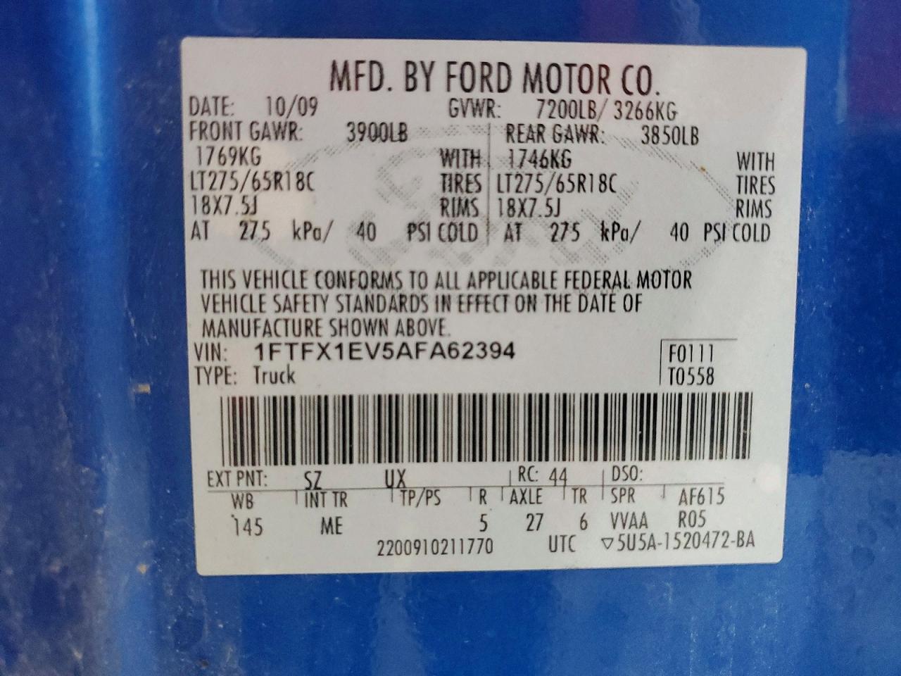 2010 Ford F150 Super Cab Blue vin: 1FTFX1EV5AFA62394