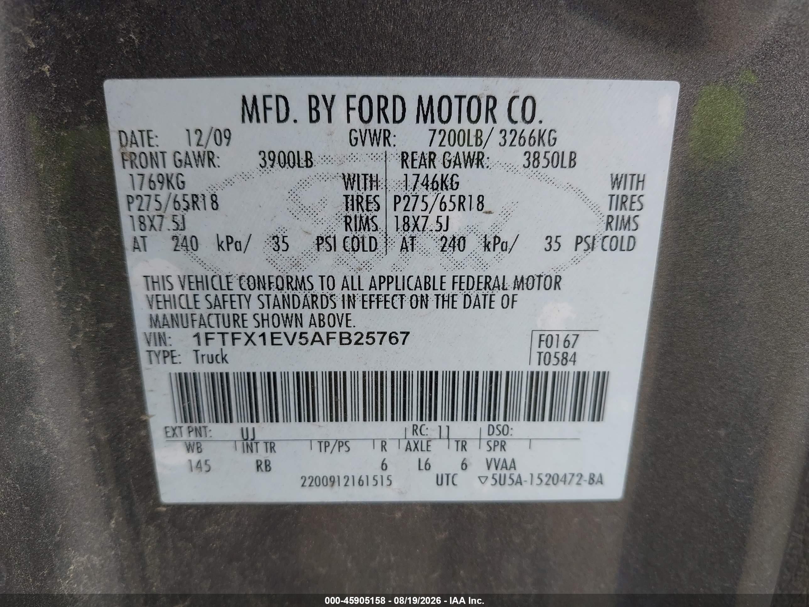 2010 Ford F-150 Fx4/lariat/xl/xlt Gray vin: 1FTFX1EV5AFB25767