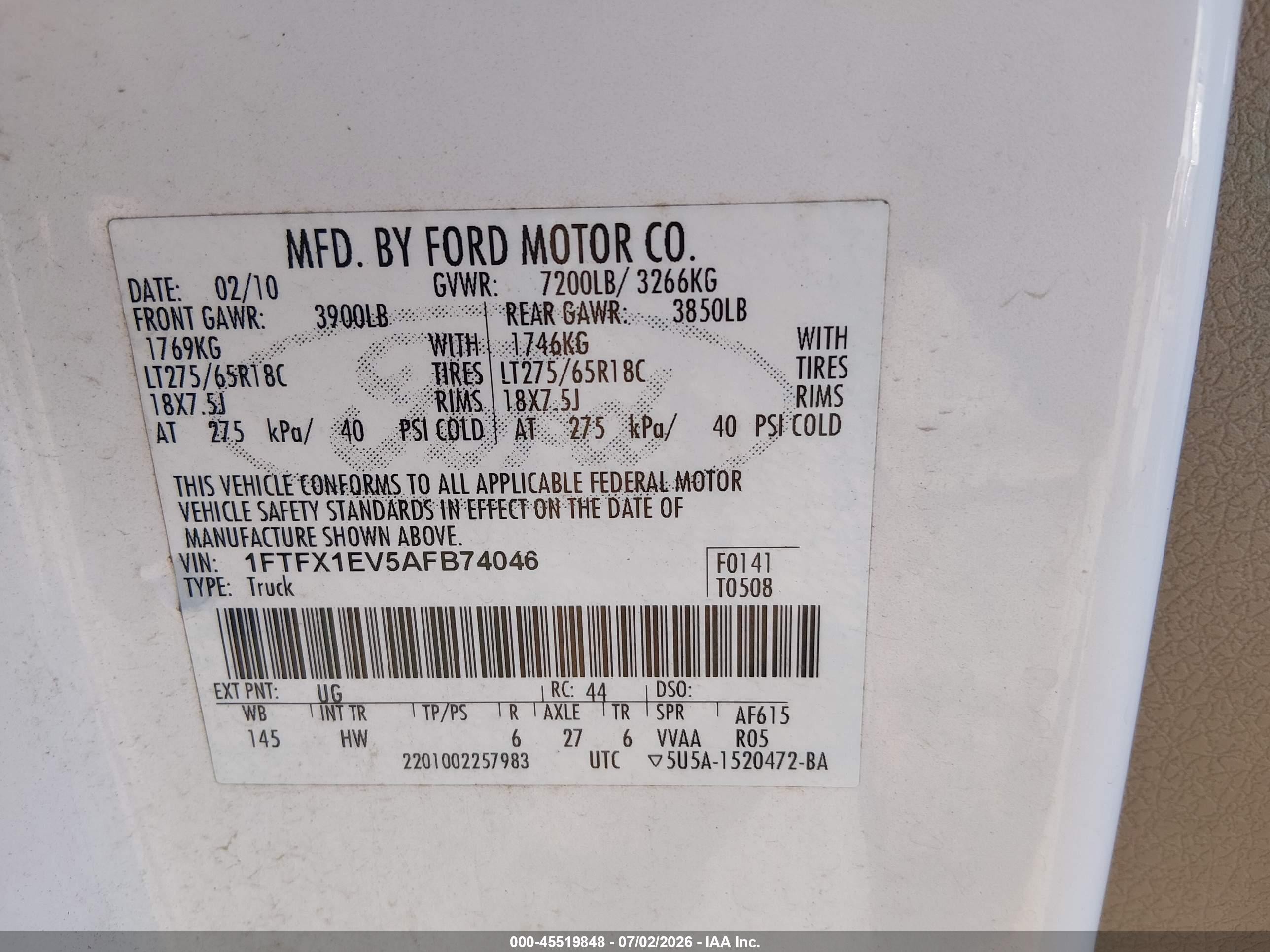 2010 Ford F-150 Fx4/lariat/xl/xlt White vin: 1FTFX1EV5AFB74046