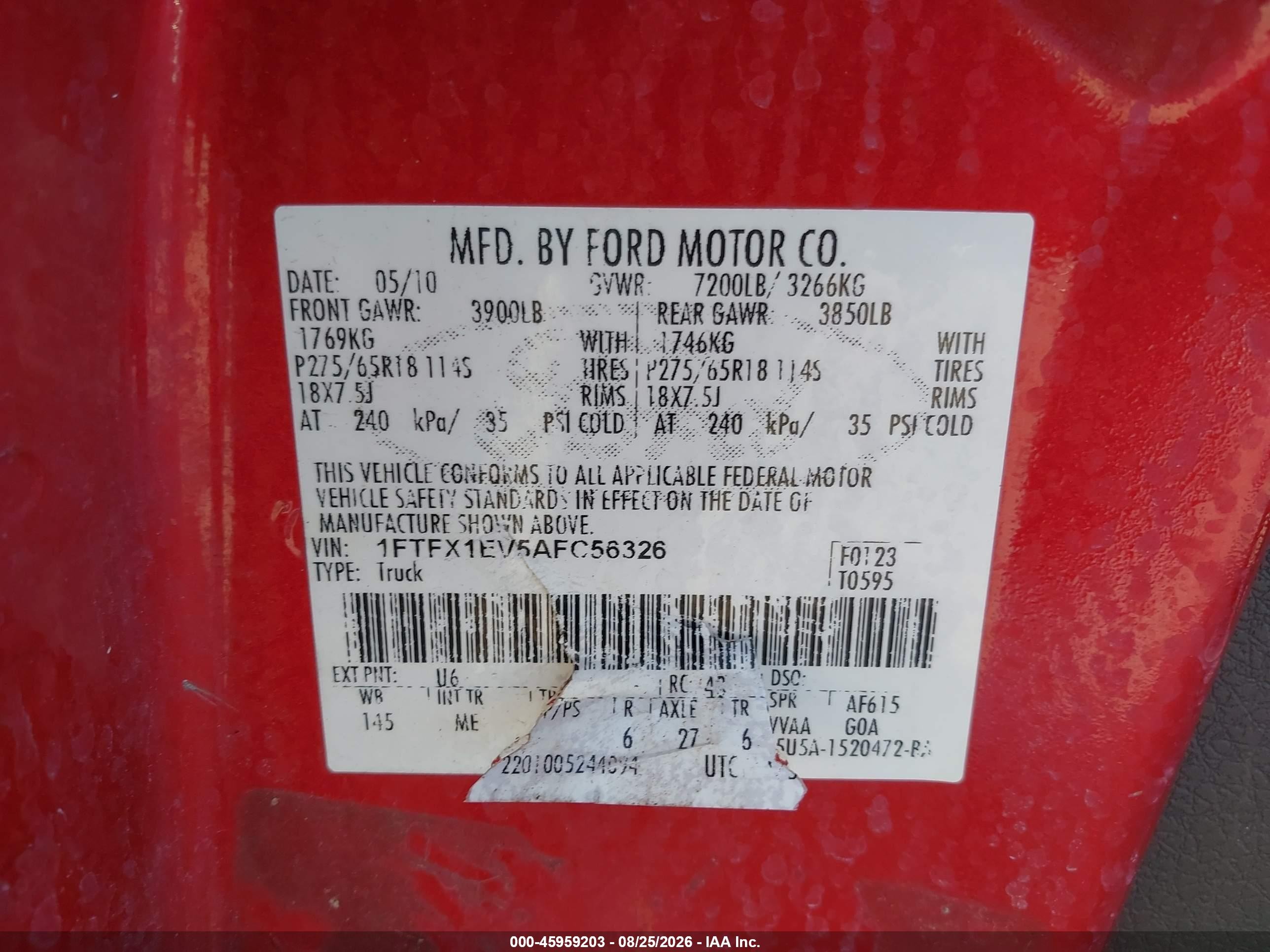 2010 Ford F-150 Fx4/lariat/xl/xlt Red vin: 1FTFX1EV5AFC56326