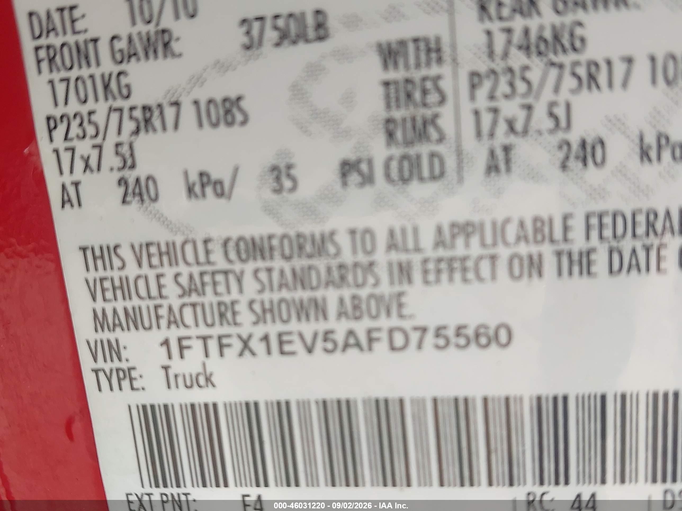 2010 Ford F-150   Красный vin: 1FTFX1EV5AFD75560