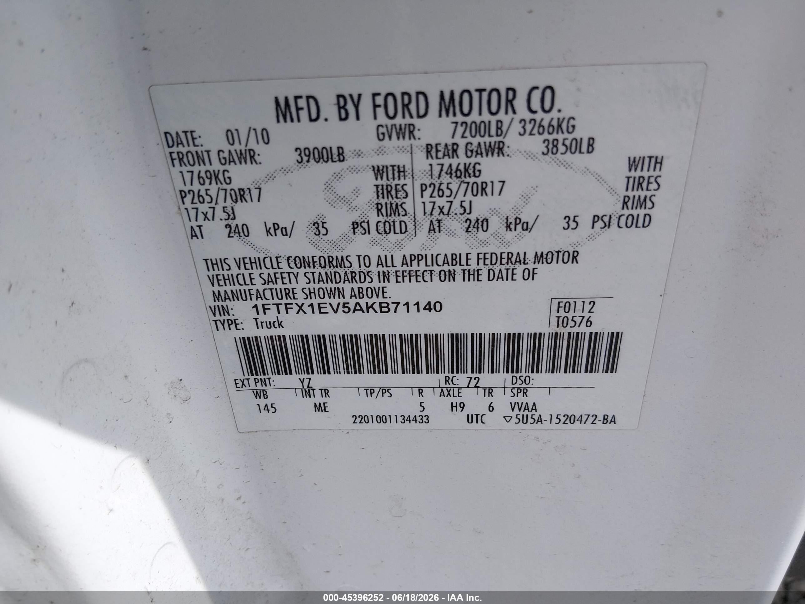 2010 Ford F-150 Fx4/lariat/xl/xlt White vin: 1FTFX1EV5AKB71140