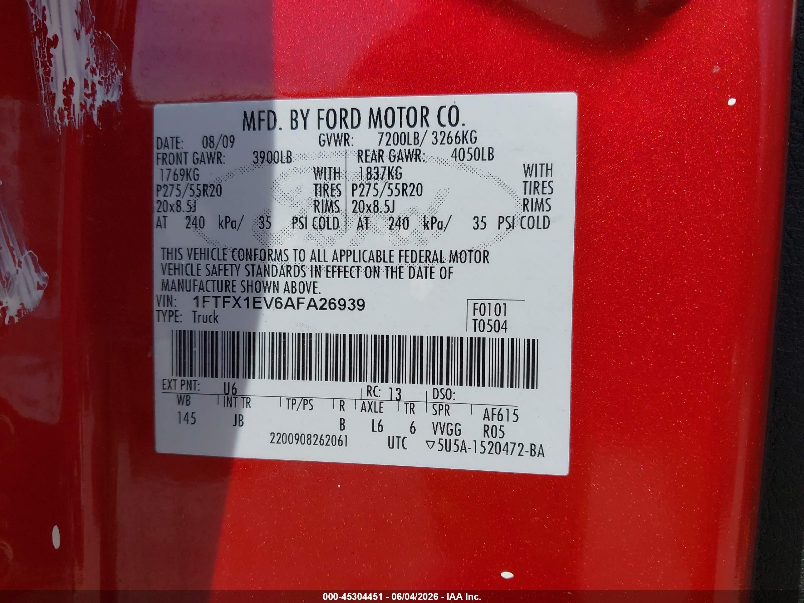 2010 Ford F-150 Fx4 Burgundy vin: 1FTFX1EV6AFA26939