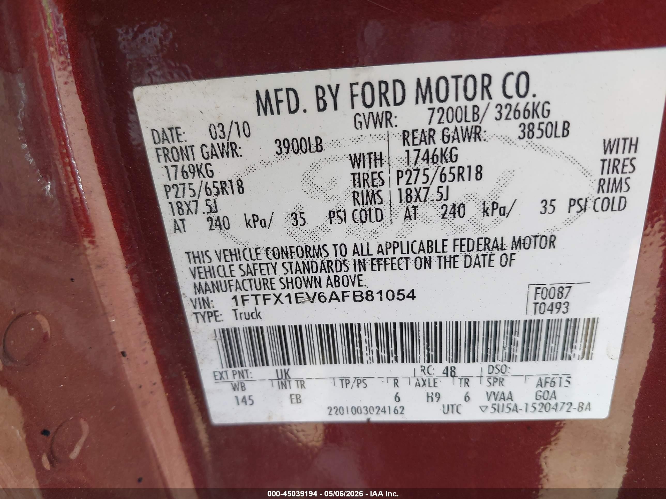 2010 Ford F-150 Fx4/lariat/xl/xlt Красный vin: 1FTFX1EV6AFB81054