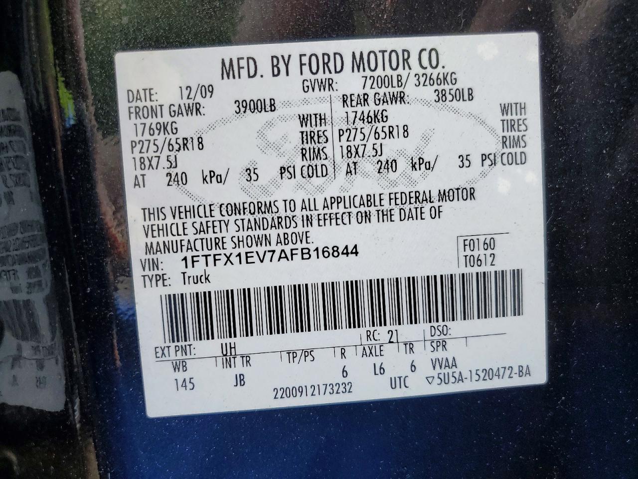 2010 Ford F150 Super Cab Black vin: 1FTFX1EV7AFB16844