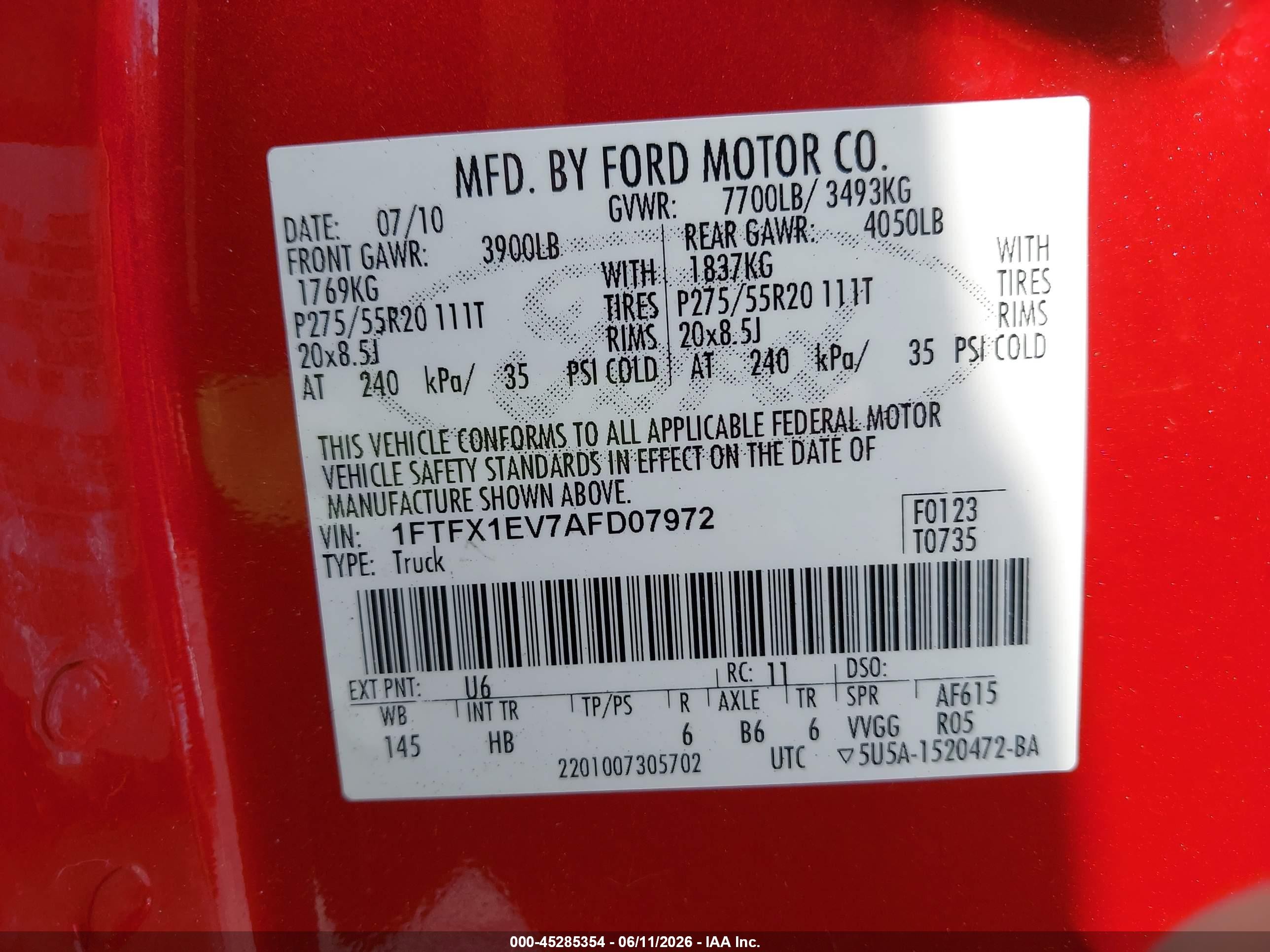 2010 Ford F-150 Fx4/lariat/xl/xlt Red vin: 1FTFX1EV7AFD07972