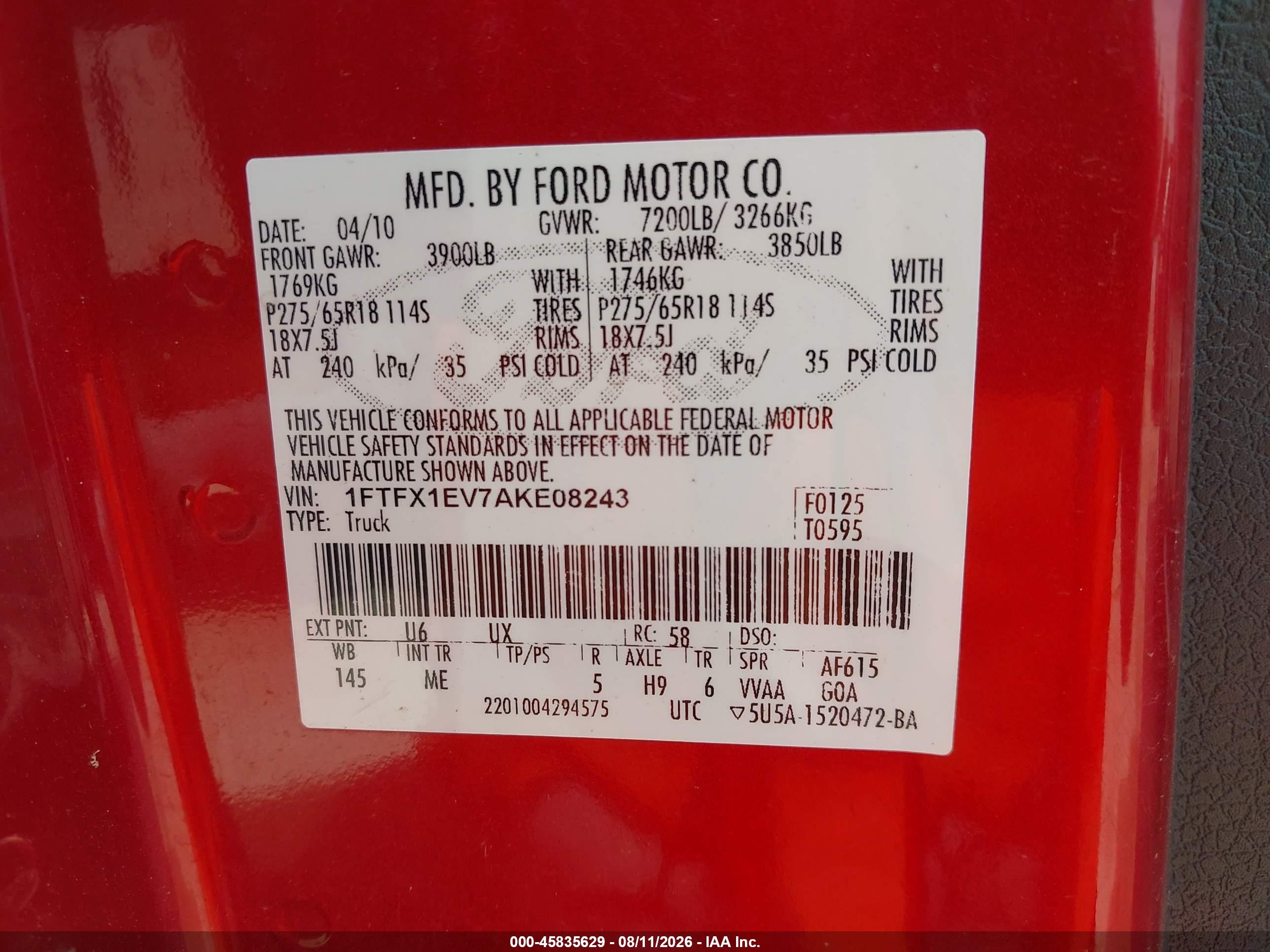 2010 Ford F-150 Fx4/lariat/xl/xlt Красный vin: 1FTFX1EV7AKE08243