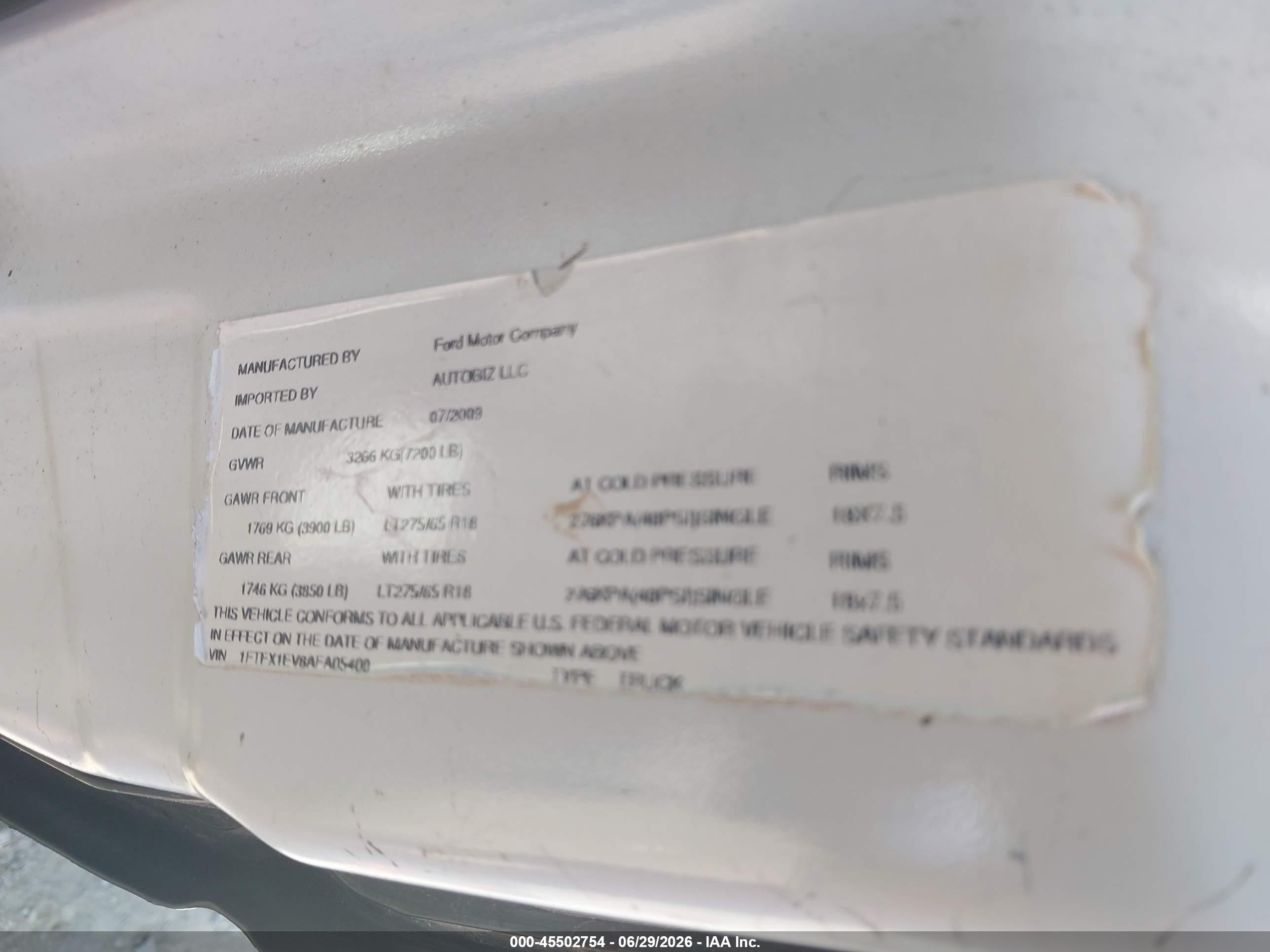 2010 Ford F-150 Fx4/lariat/xl/xlt White vin: 1FTFX1EV8AFA05400