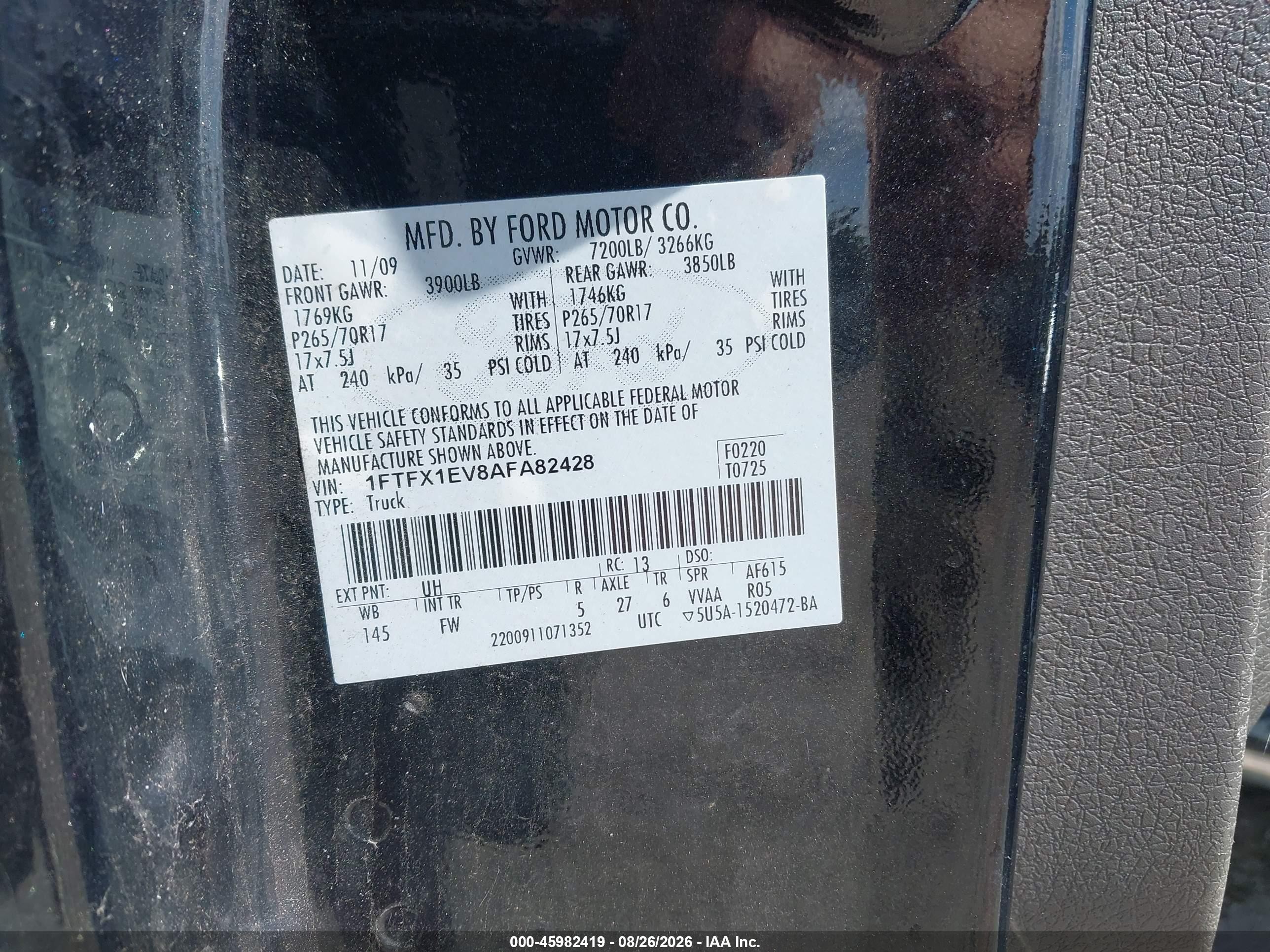 2010 Ford F-150 Fx4/lariat/xl/xlt Black vin: 1FTFX1EV8AFA82428