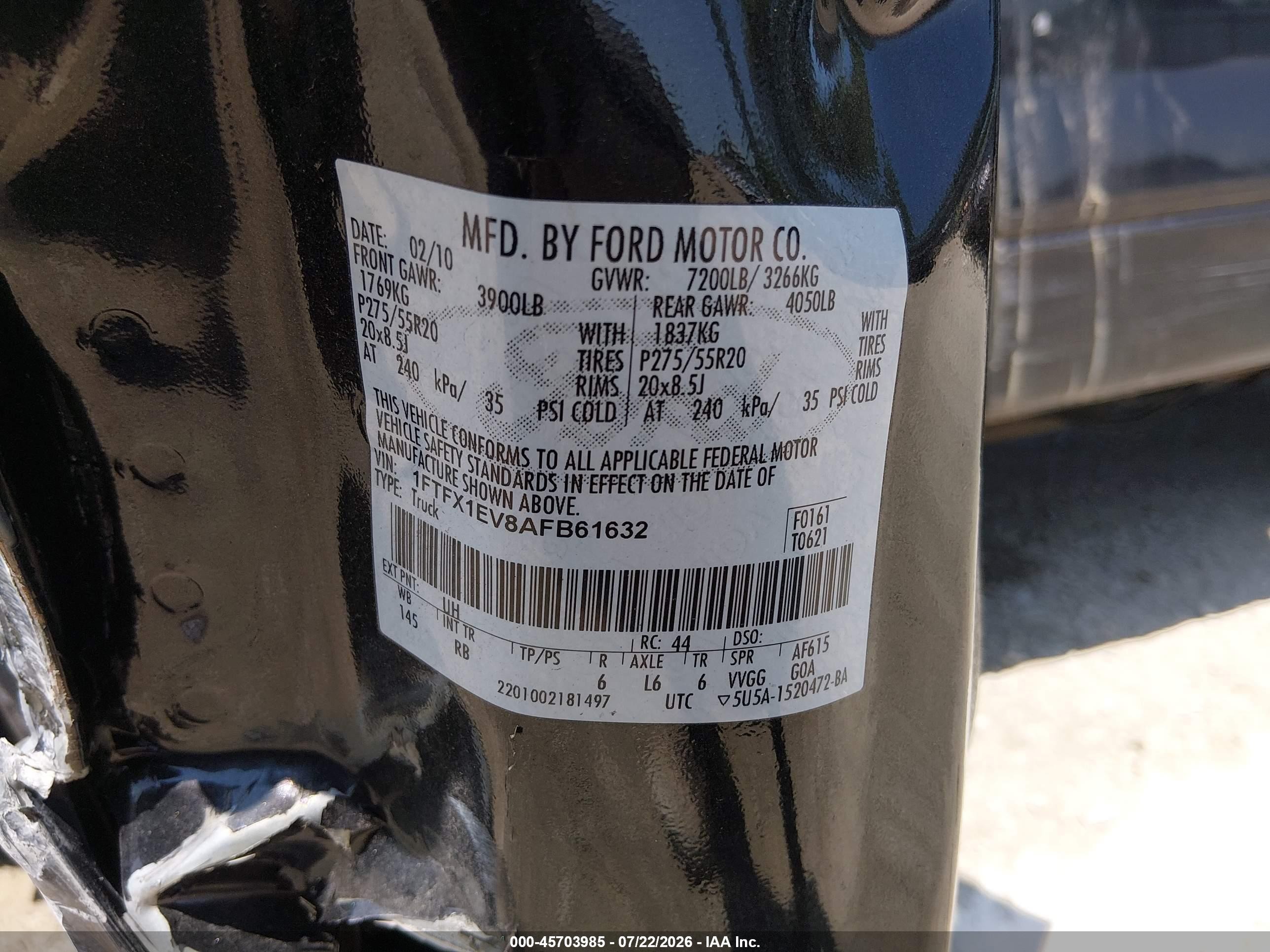 2010 Ford F-150 Fx4/lariat/xl/xlt Black vin: 1FTFX1EV8AFB61632