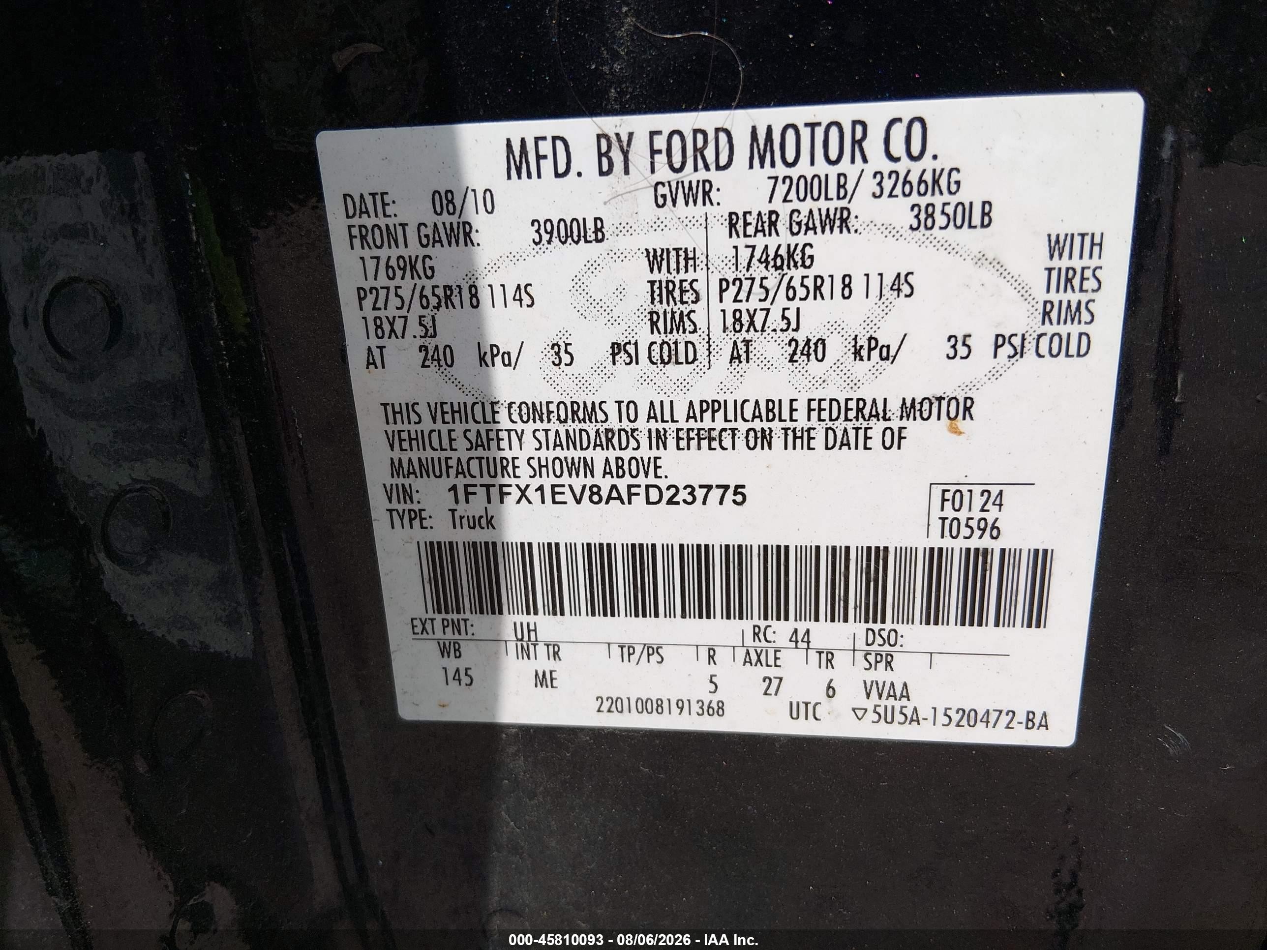 2010 Ford F-150 Fx4/lariat/xl/xlt Black vin: 1FTFX1EV8AFD23775