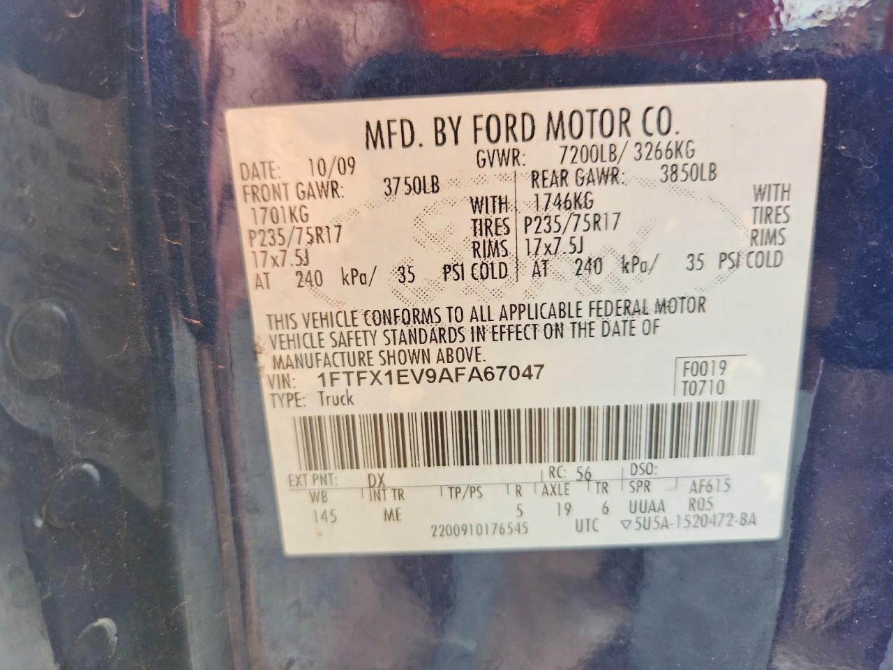 2010 Ford F150 Super Cab Blue vin: 1FTFX1EV9AFA67047