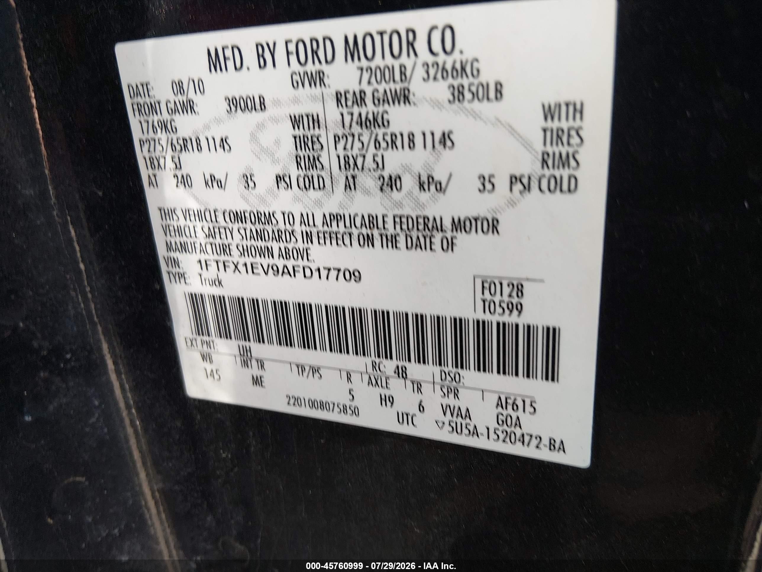 2010 Ford F-150 Fx4/lariat/xl/xlt Black vin: 1FTFX1EV9AFD17709