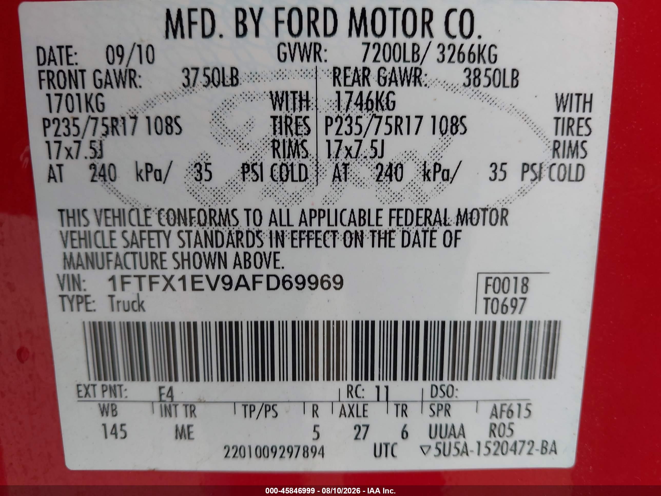 2010 Ford F-150 Fx4/lariat/xl/xlt Red vin: 1FTFX1EV9AFD69969