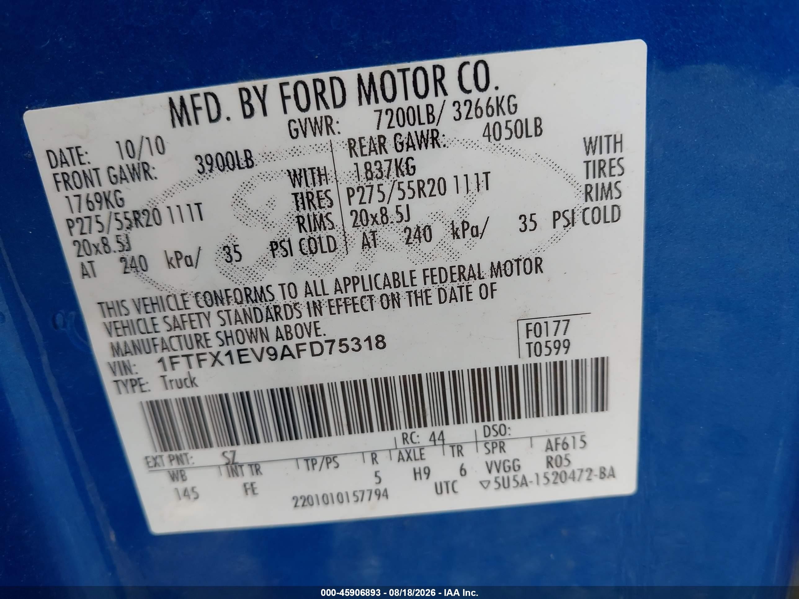 2010 Ford F-150 Xlt Blue vin: 1FTFX1EV9AFD75318