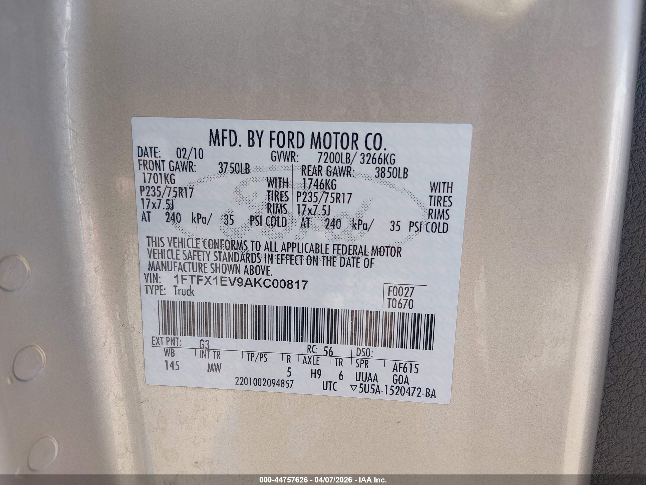 2010 Ford F-150 Fx4/lariat/xl/xlt Gold vin: 1FTFX1EV9AKC00817