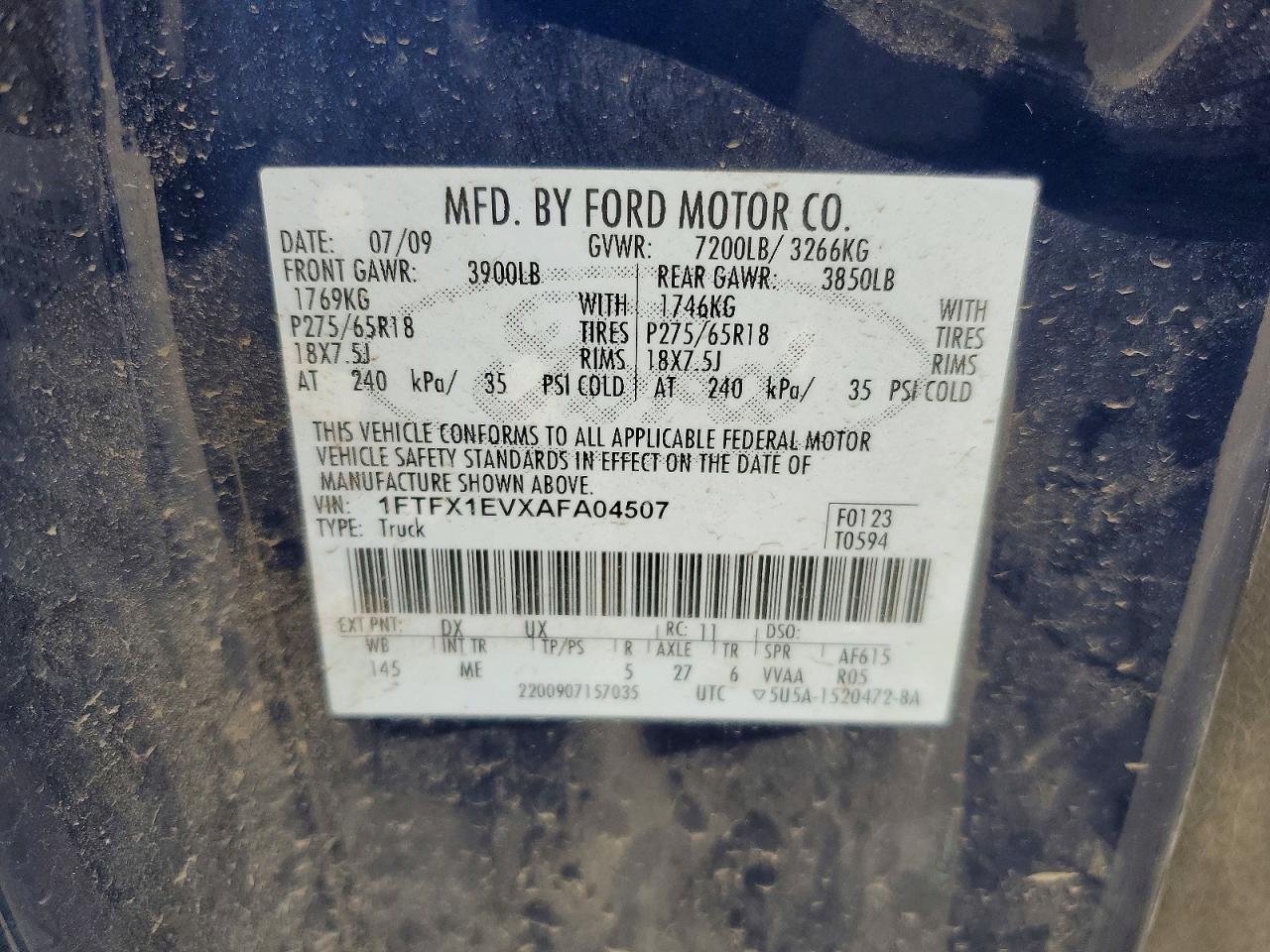 2010 Ford F150 Super Cab Blue vin: 1FTFX1EVXAFA04507