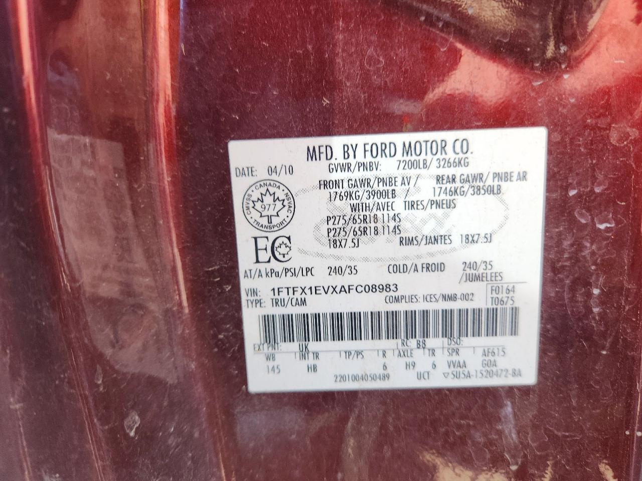 2010 Ford F150 Super Cab Burgundy vin: 1FTFX1EVXAFC08983