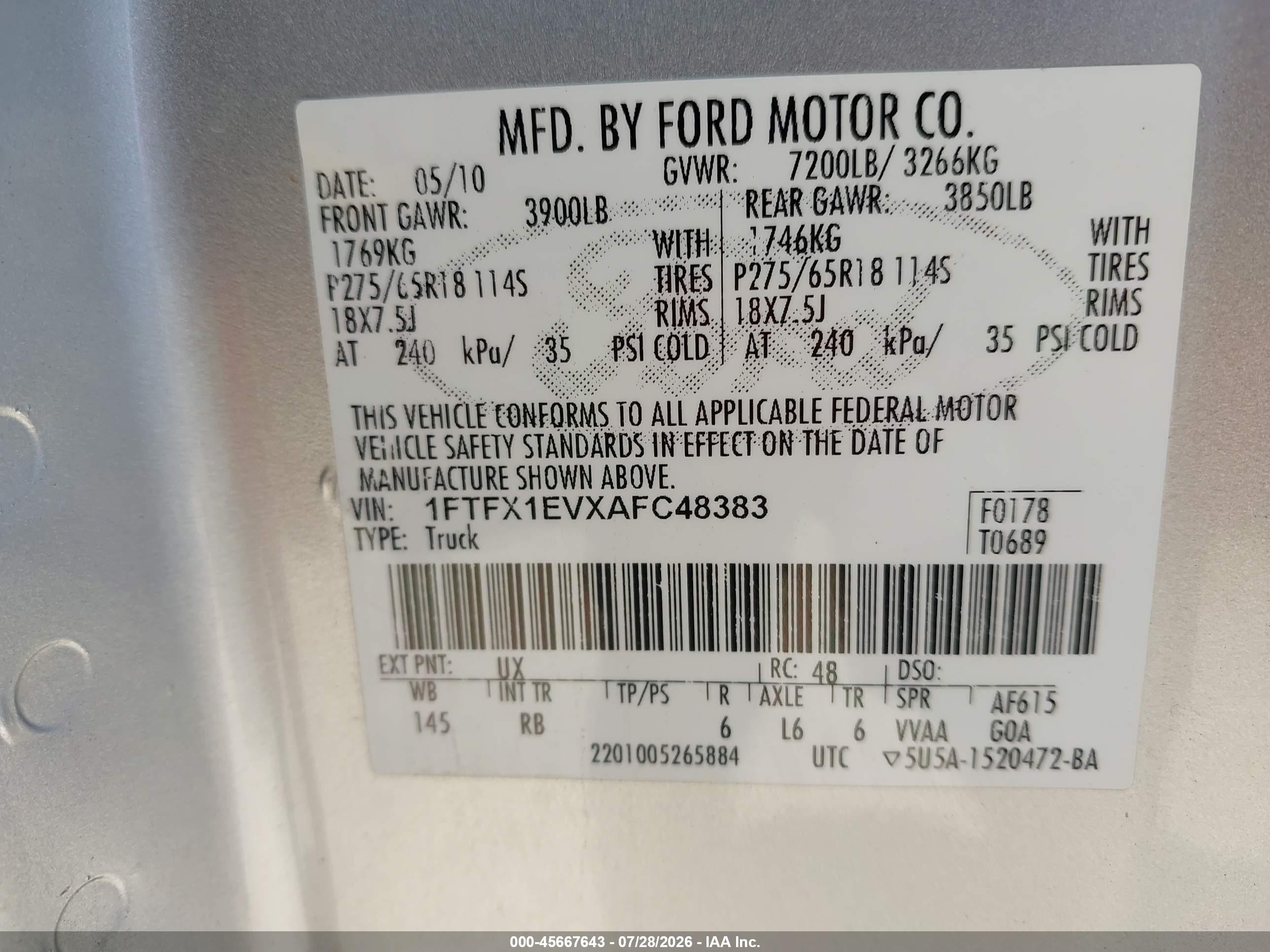 2010 Ford F-150 Fx4/lariat/xl/xlt Silver vin: 1FTFX1EVXAFC48383