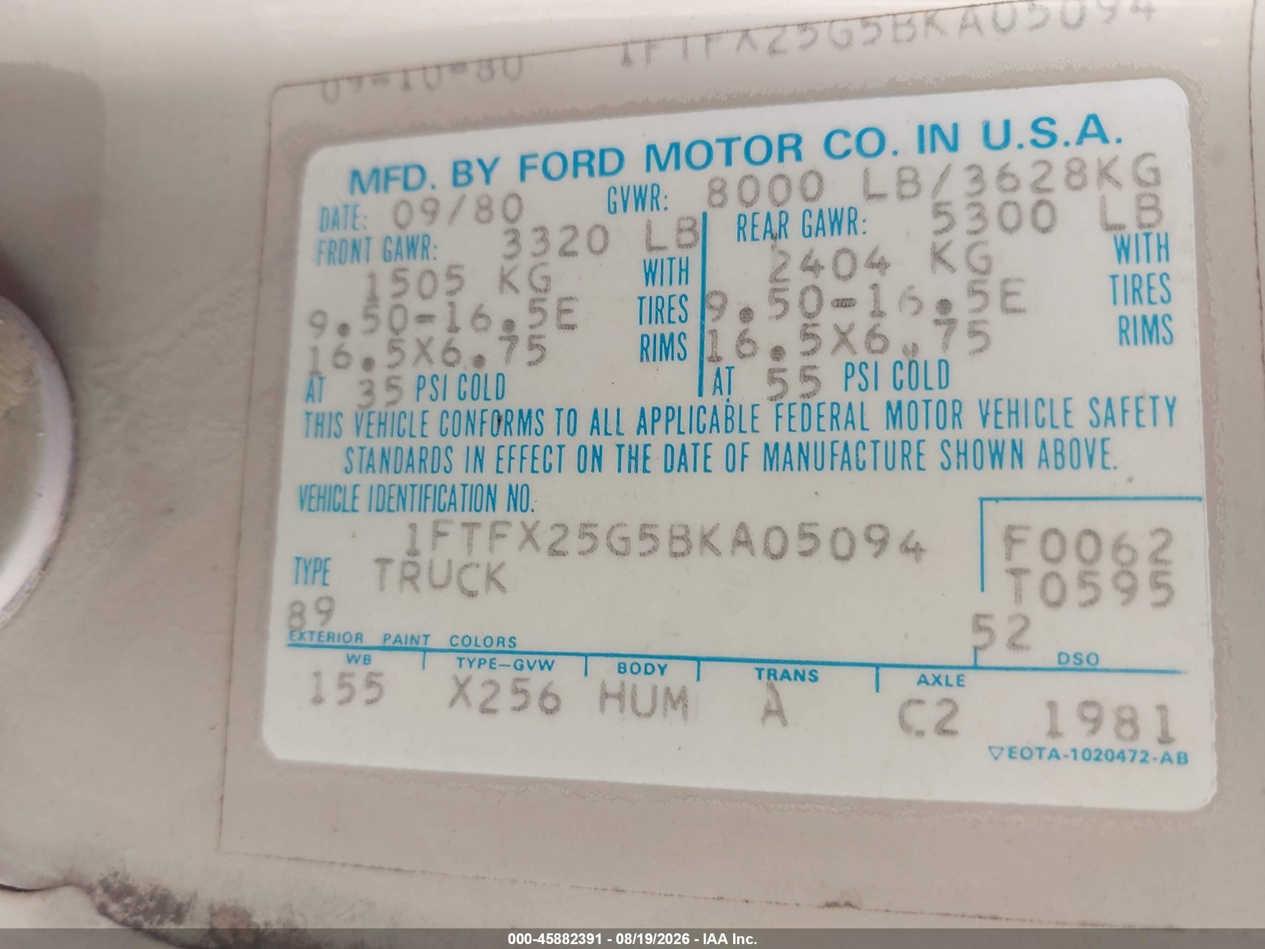 1981 Ford F250   Tan vin: 1FTFX25G5BKA05094