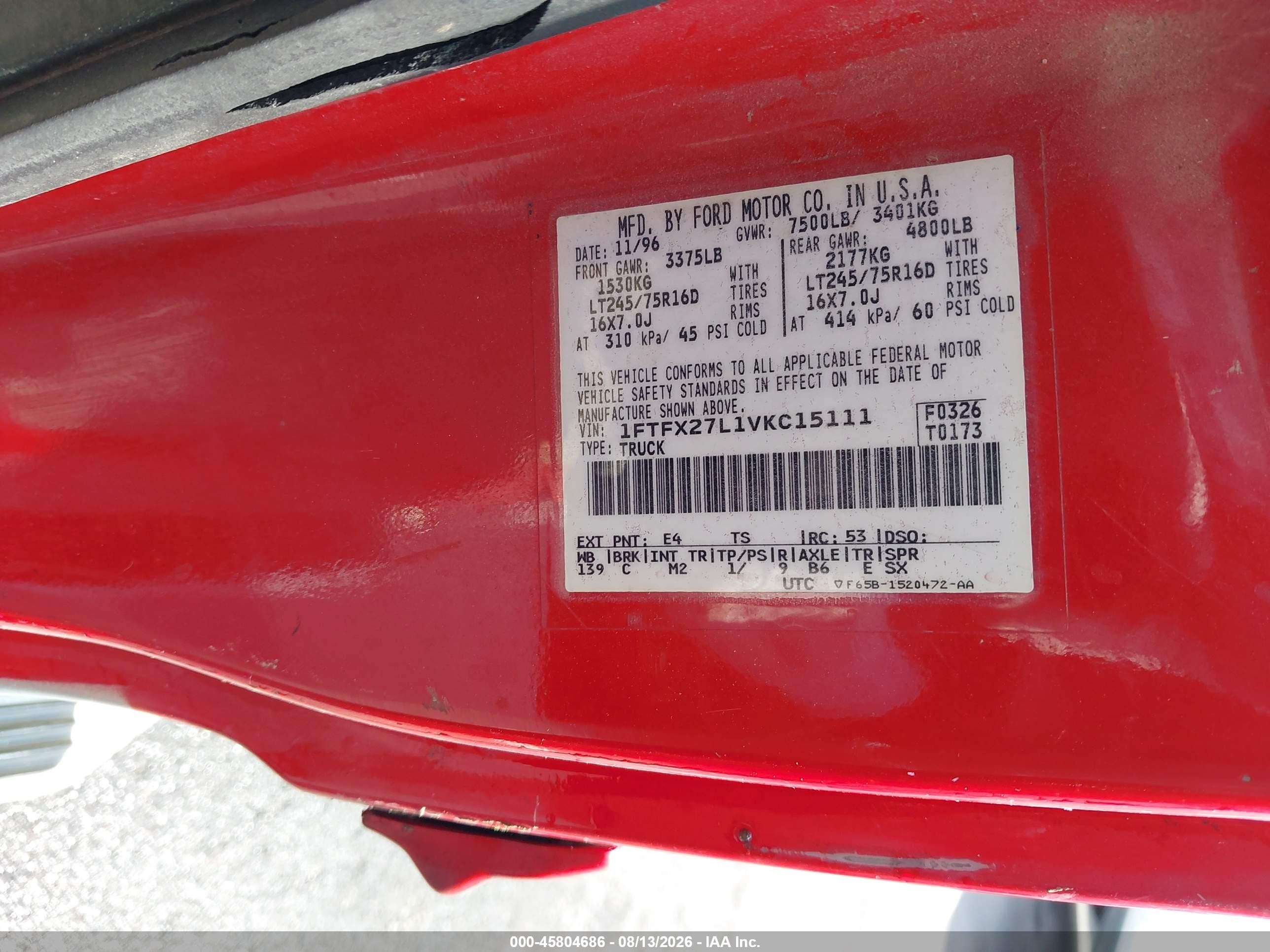 1997 Ford F-250 Lariat/standard/xl/xlt Red vin: 1FTFX27L1VKC15111