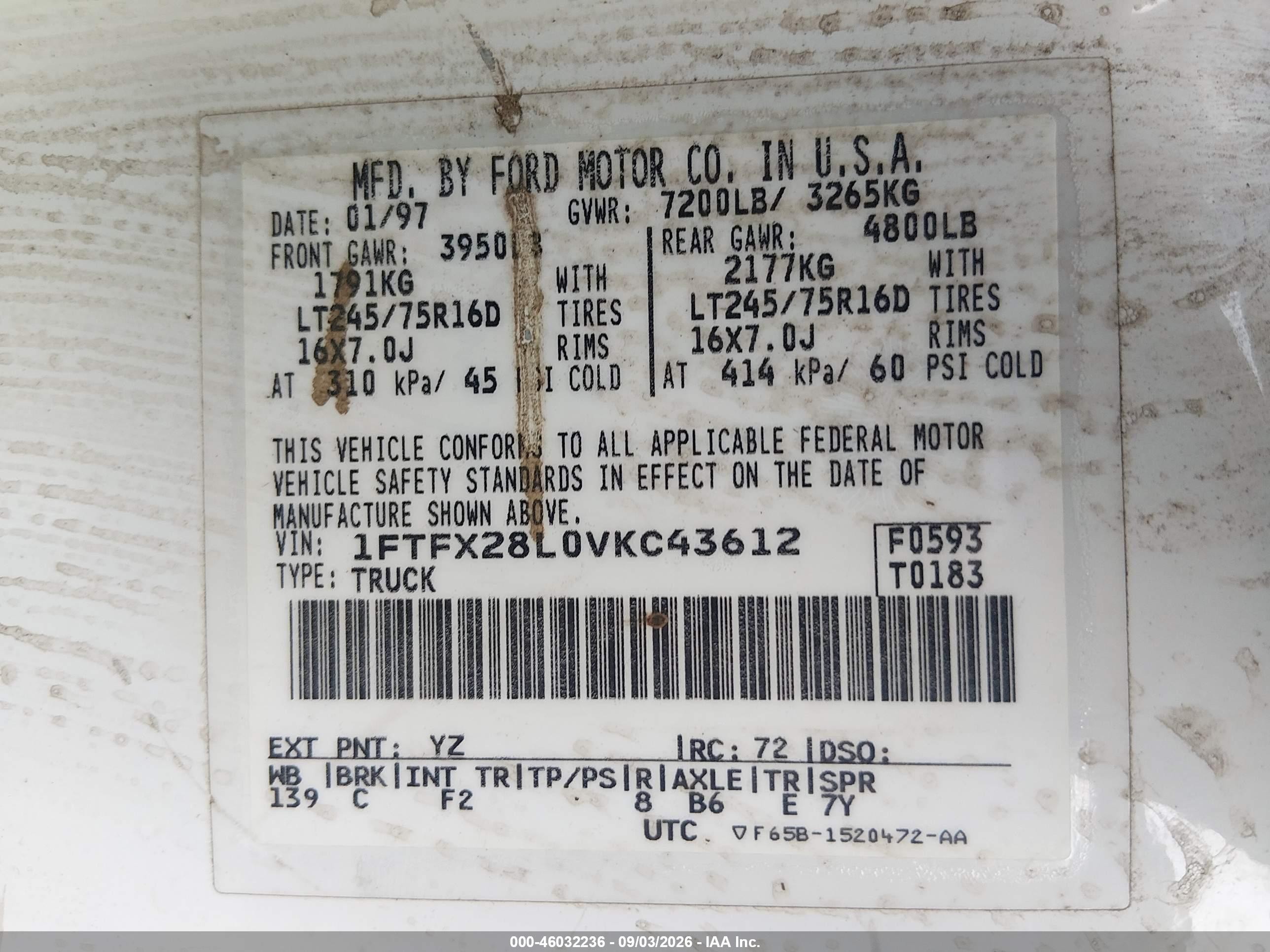 1997 Ford F250   Белый vin: 1FTFX28L0VKC43612