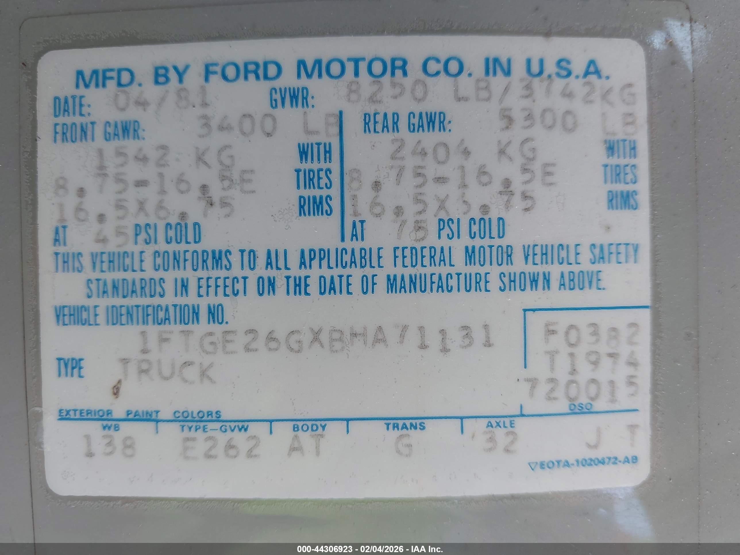 1981 Ford Econoline E250 Van White vin: 1FTGE26GXBHA71131