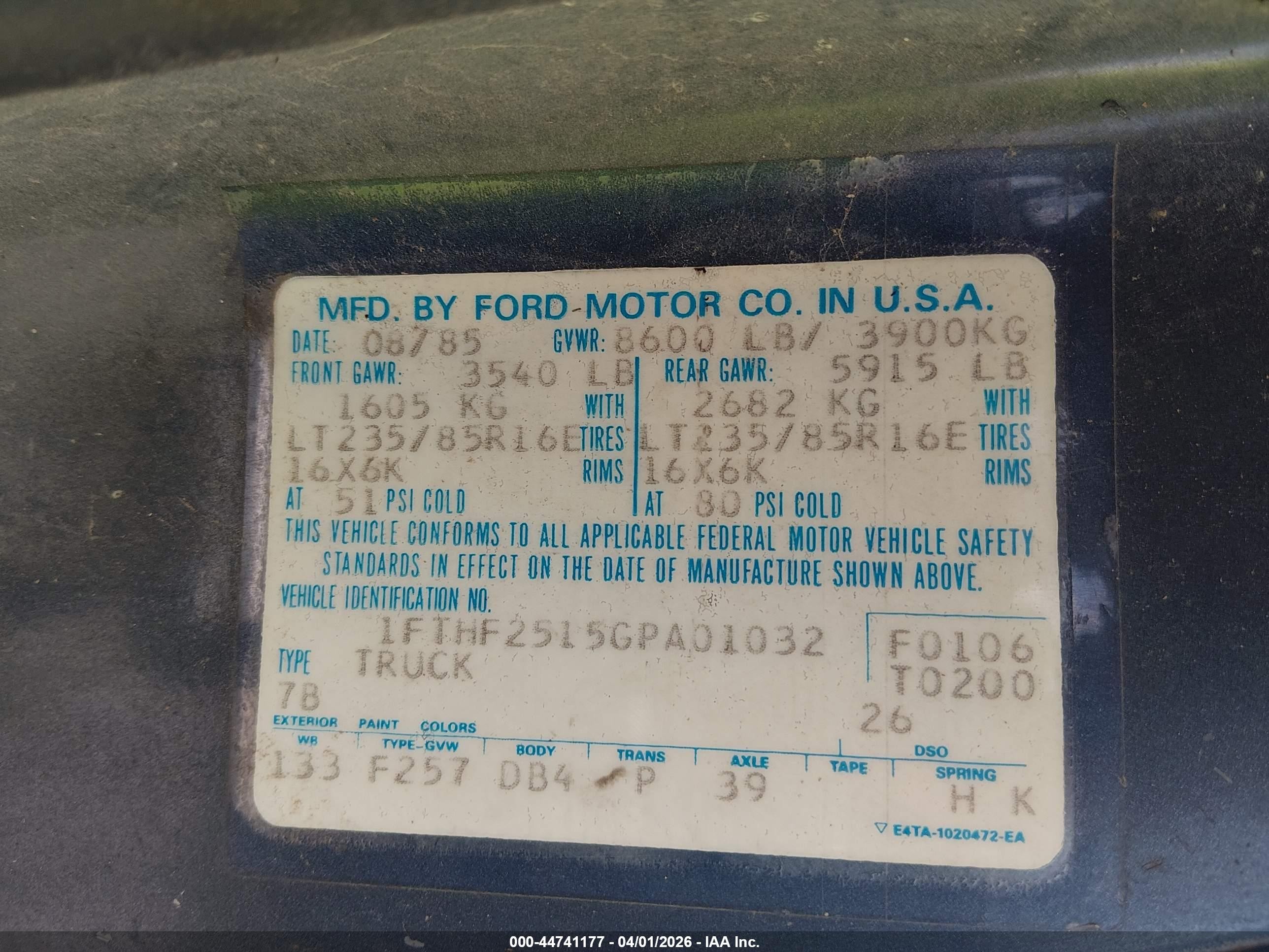 1986 Ford F250   Navy vin: 1FTHF2515GPA01032