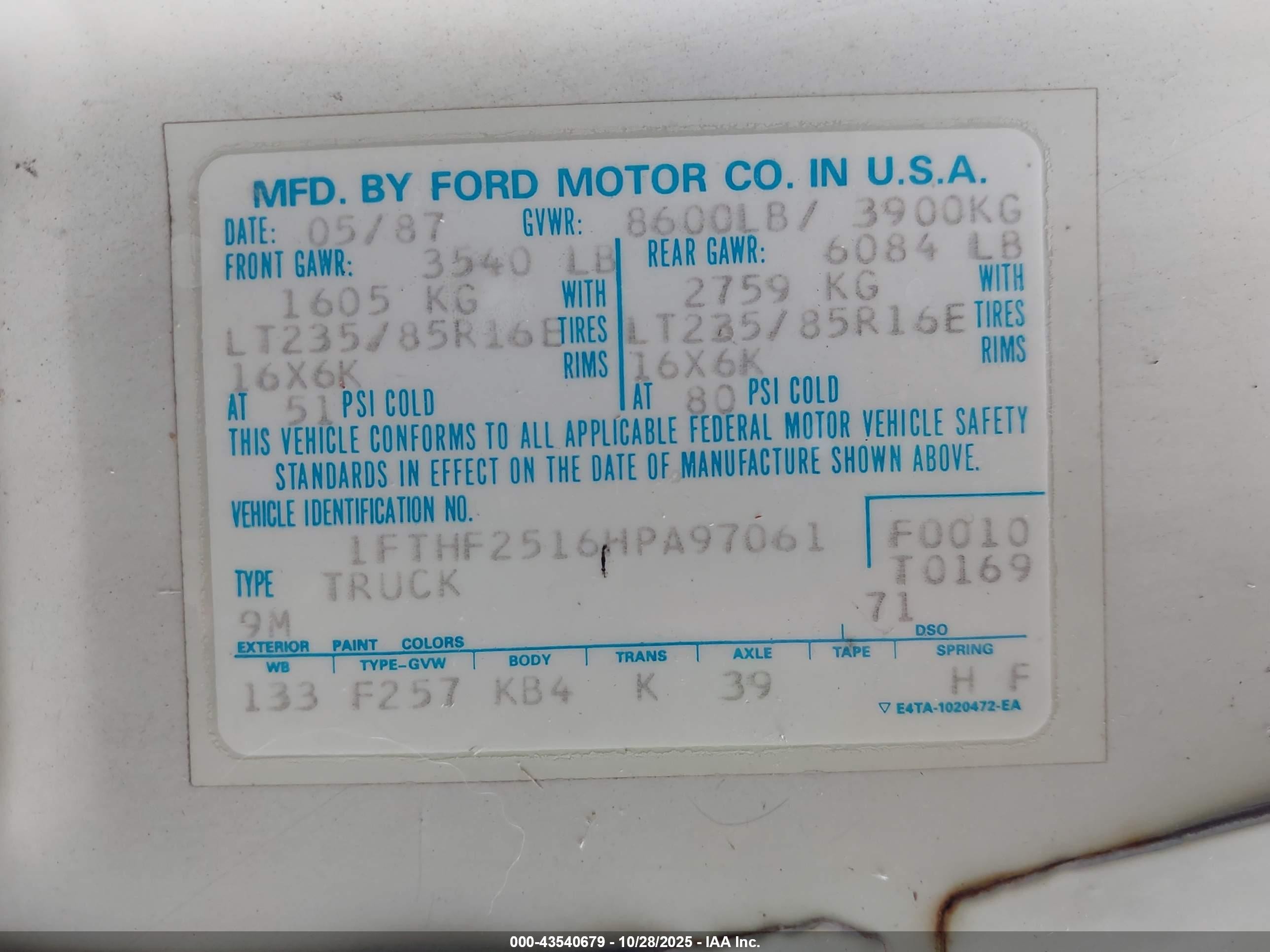 1987 Ford F250   Cream vin: 1FTHF2516HPA97061