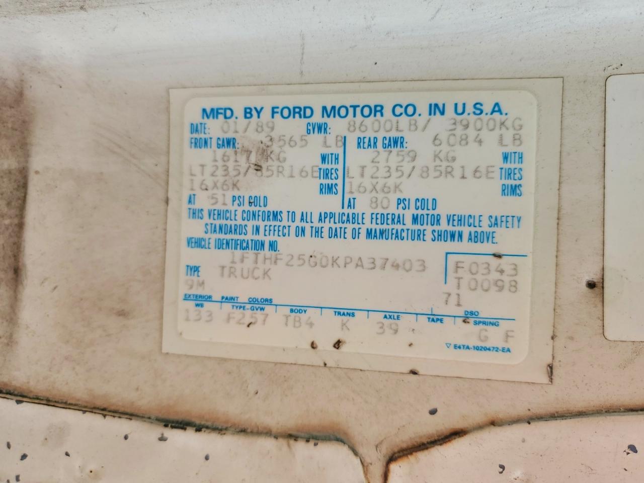 1989 Ford F250 White vin: 1FTHF25G0KPA37403