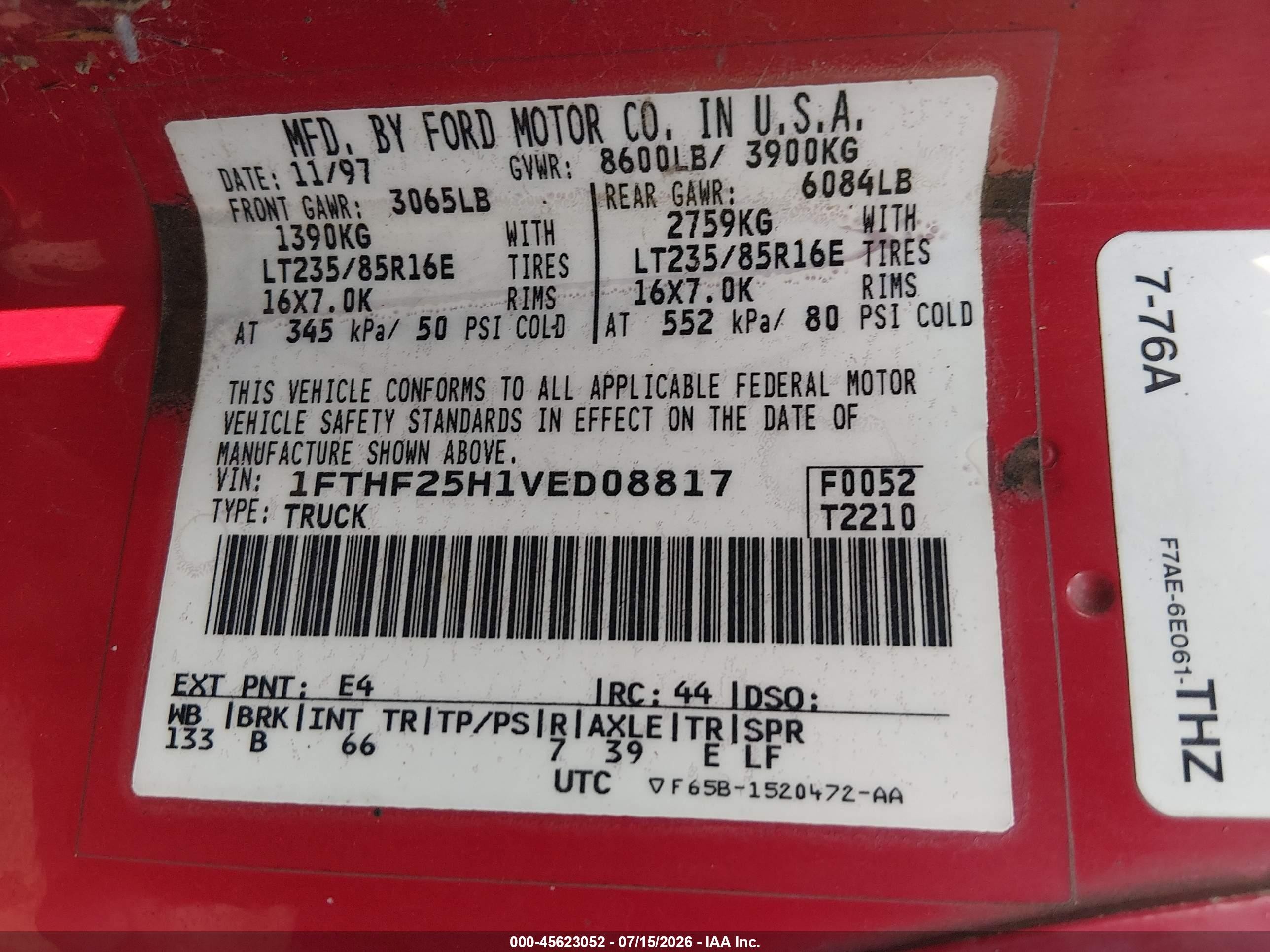 1997 Ford F-250 Hd Xl Red vin: 1FTHF25H1VED08817