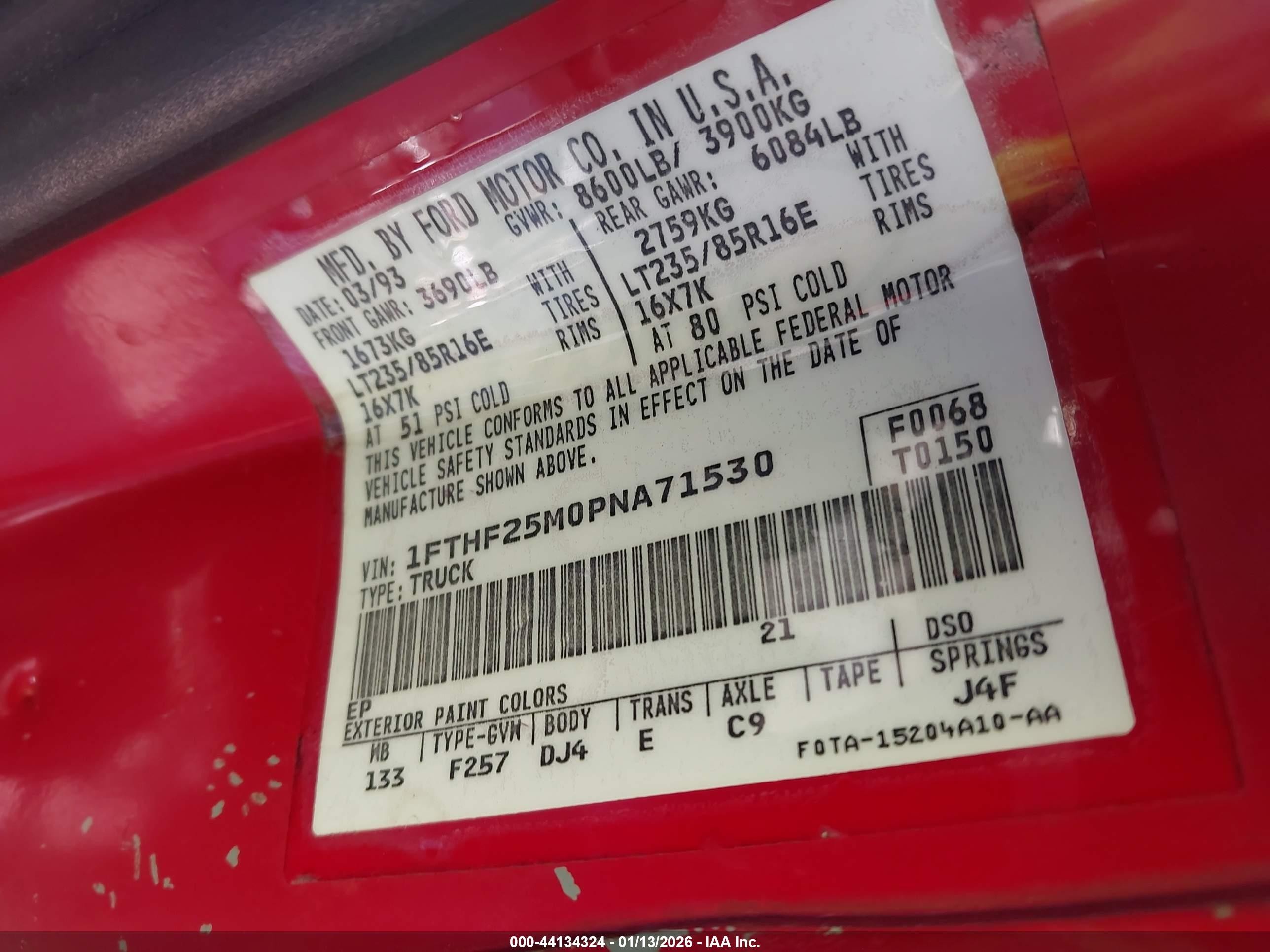 1993 Ford F250   Red vin: 1FTHF25M0PNA71530