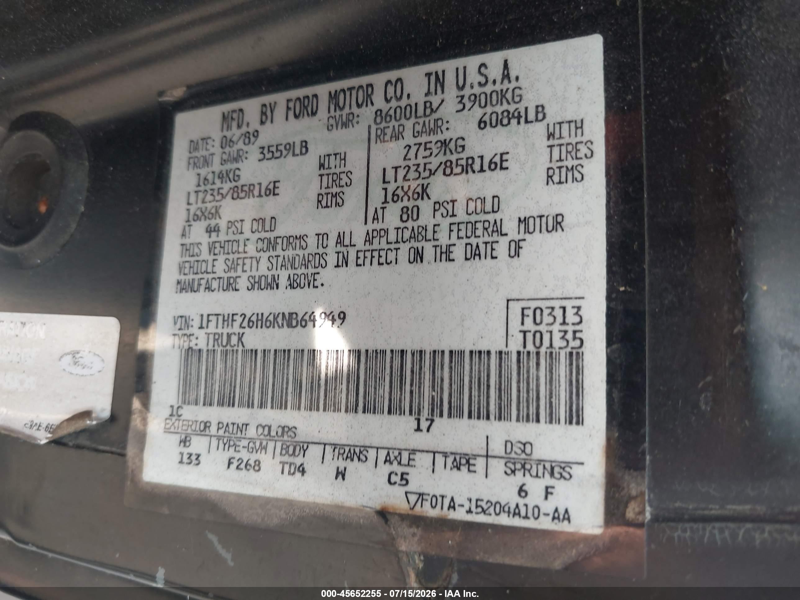 1989 Ford F250   Black vin: 1FTHF26H6KNB64949