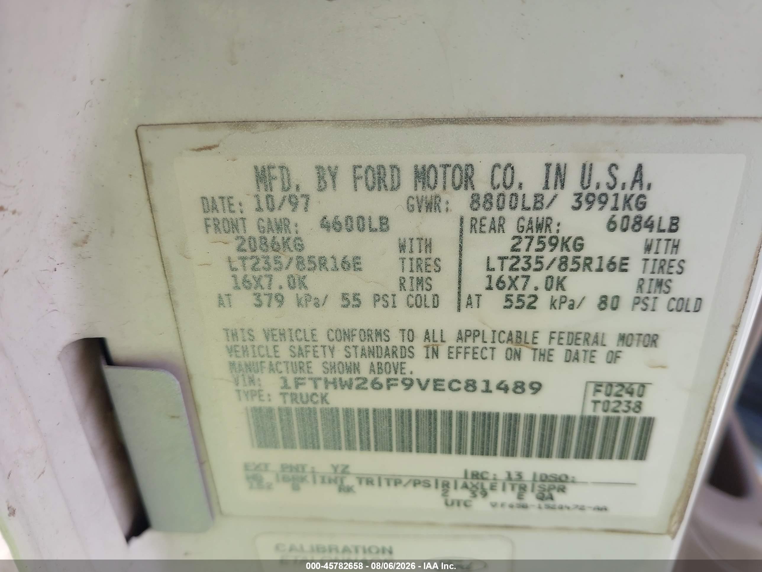 1997 Ford F-250 Xl White vin: 1FTHW26F9VEC81489