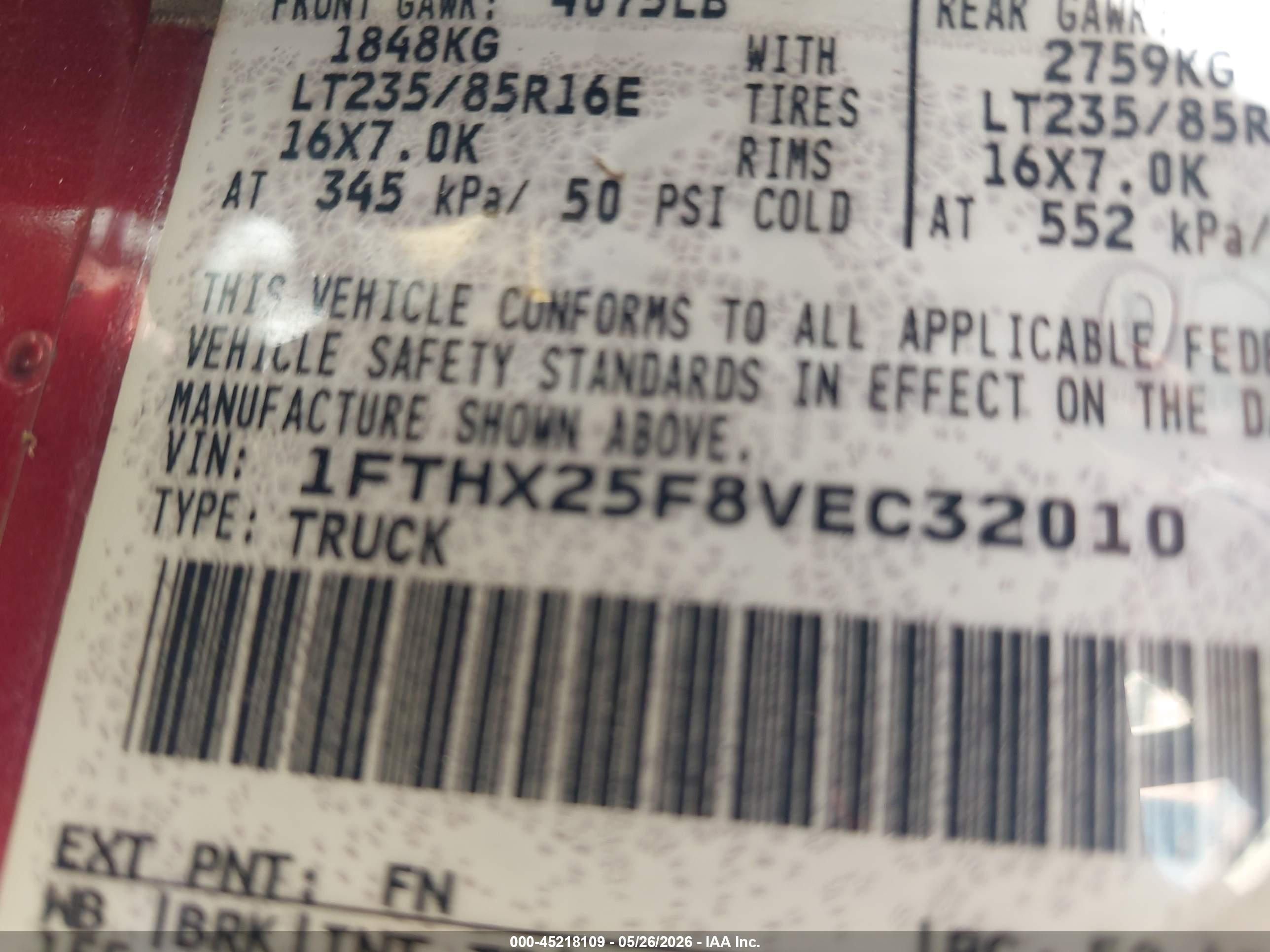 1997 Ford F-250 Xl Burgundy vin: 1FTHX25F8VEC32010