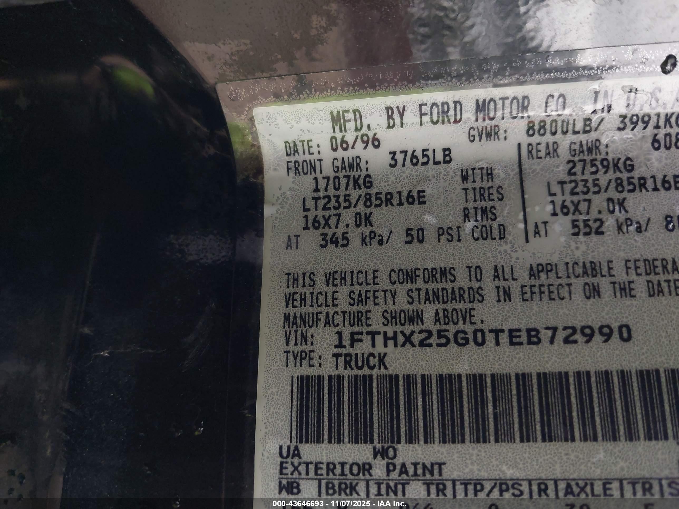 1996 Ford F250   Black vin: 1FTHX25G0TEB72990