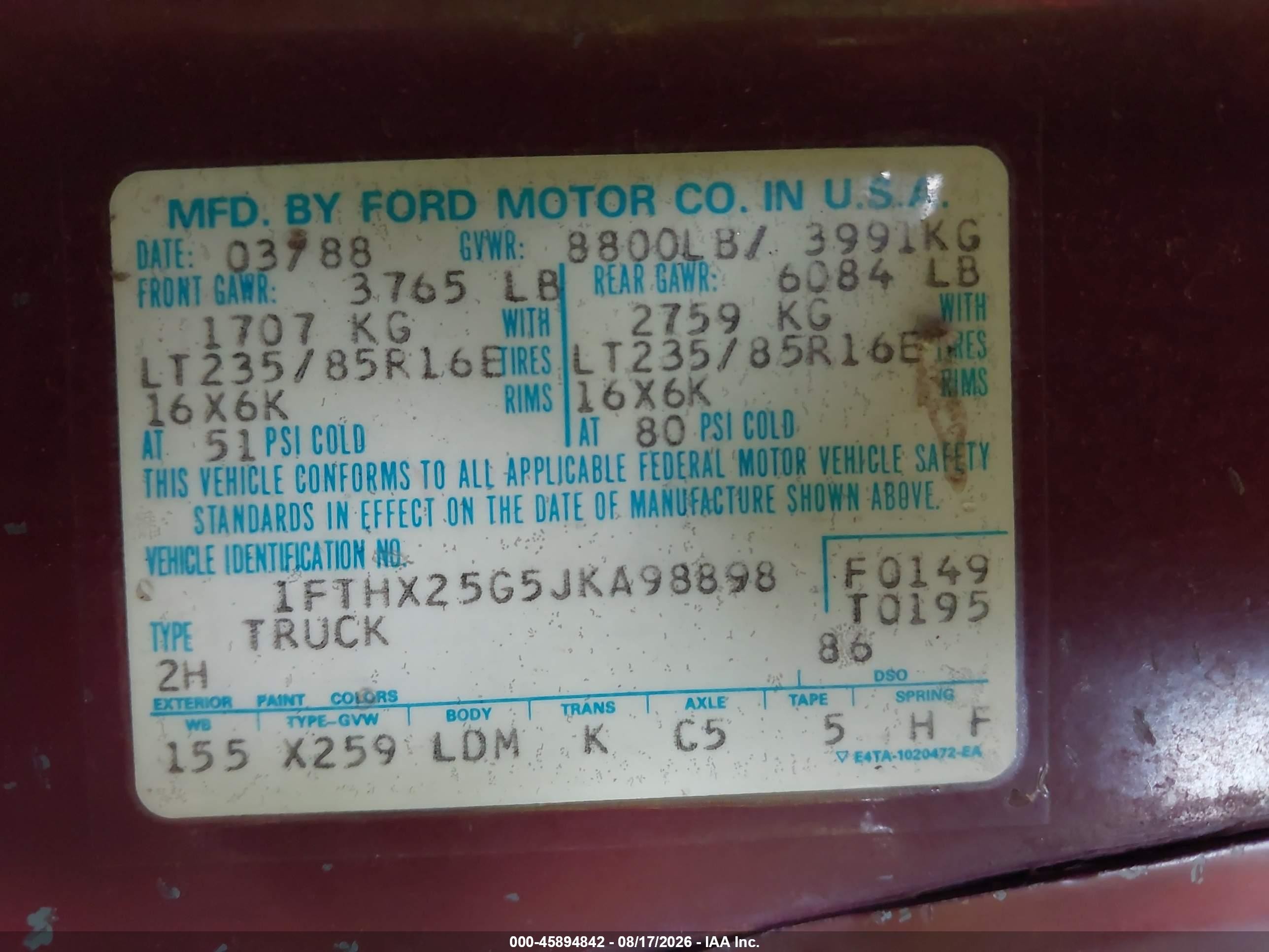 1988 Ford F250   Red vin: 1FTHX25G5JKA98898